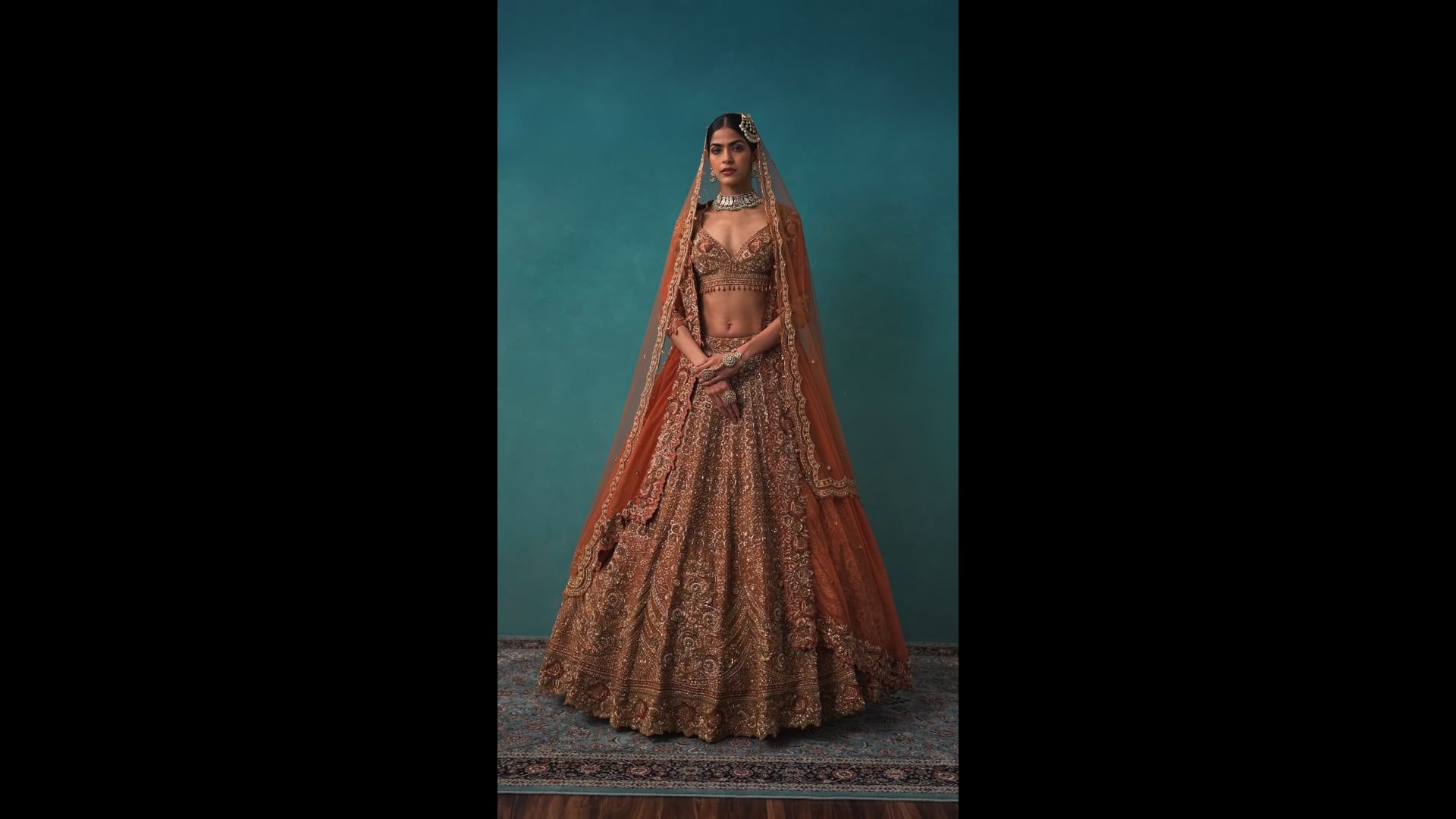 Pakistani Brown Hand Embroidered Raw Silk Bridal Lehenga (3-Piece) - Image 3