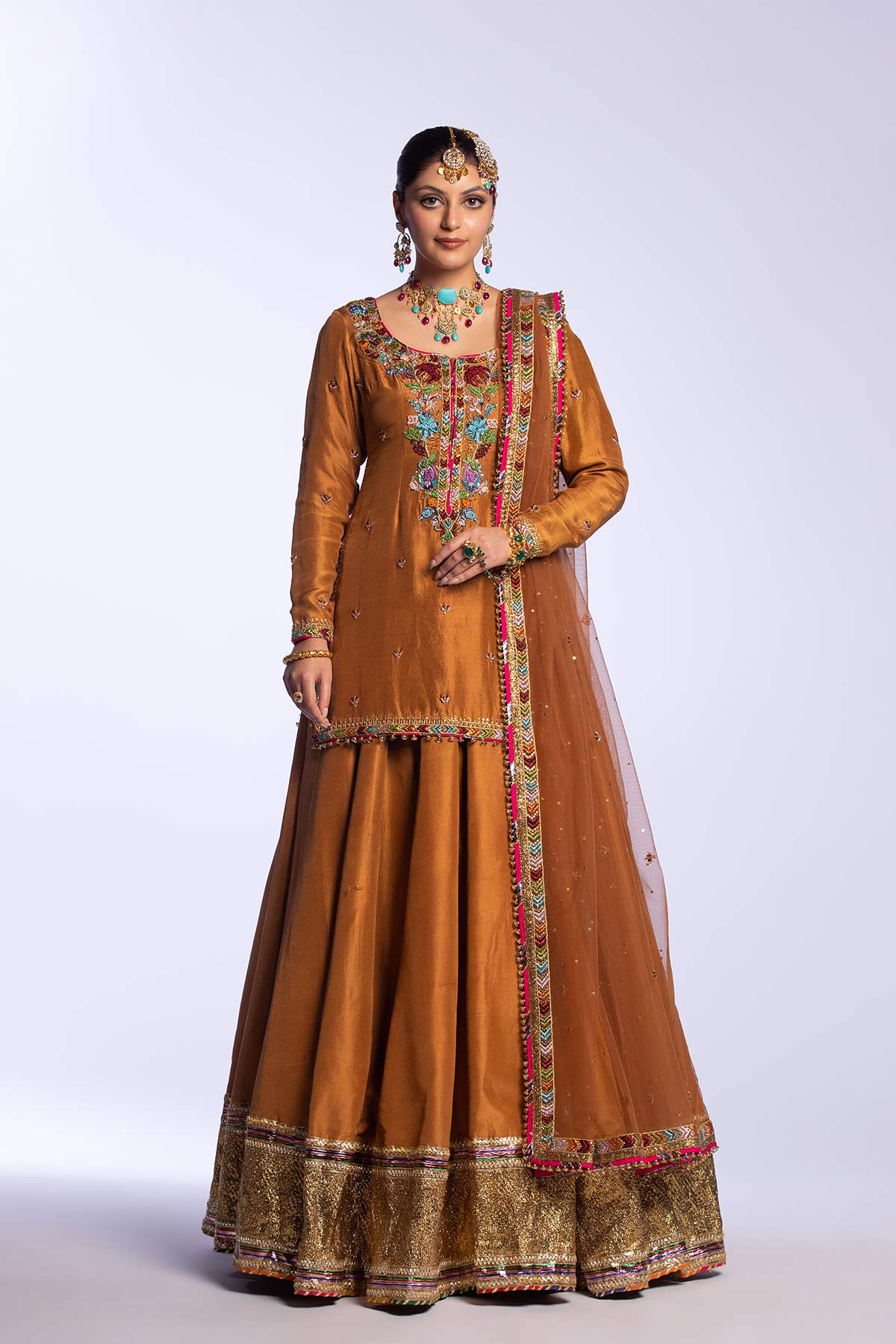 Pakistani Brown Embroidered Raw Silk Lehenga (3-Piece) - Image 1