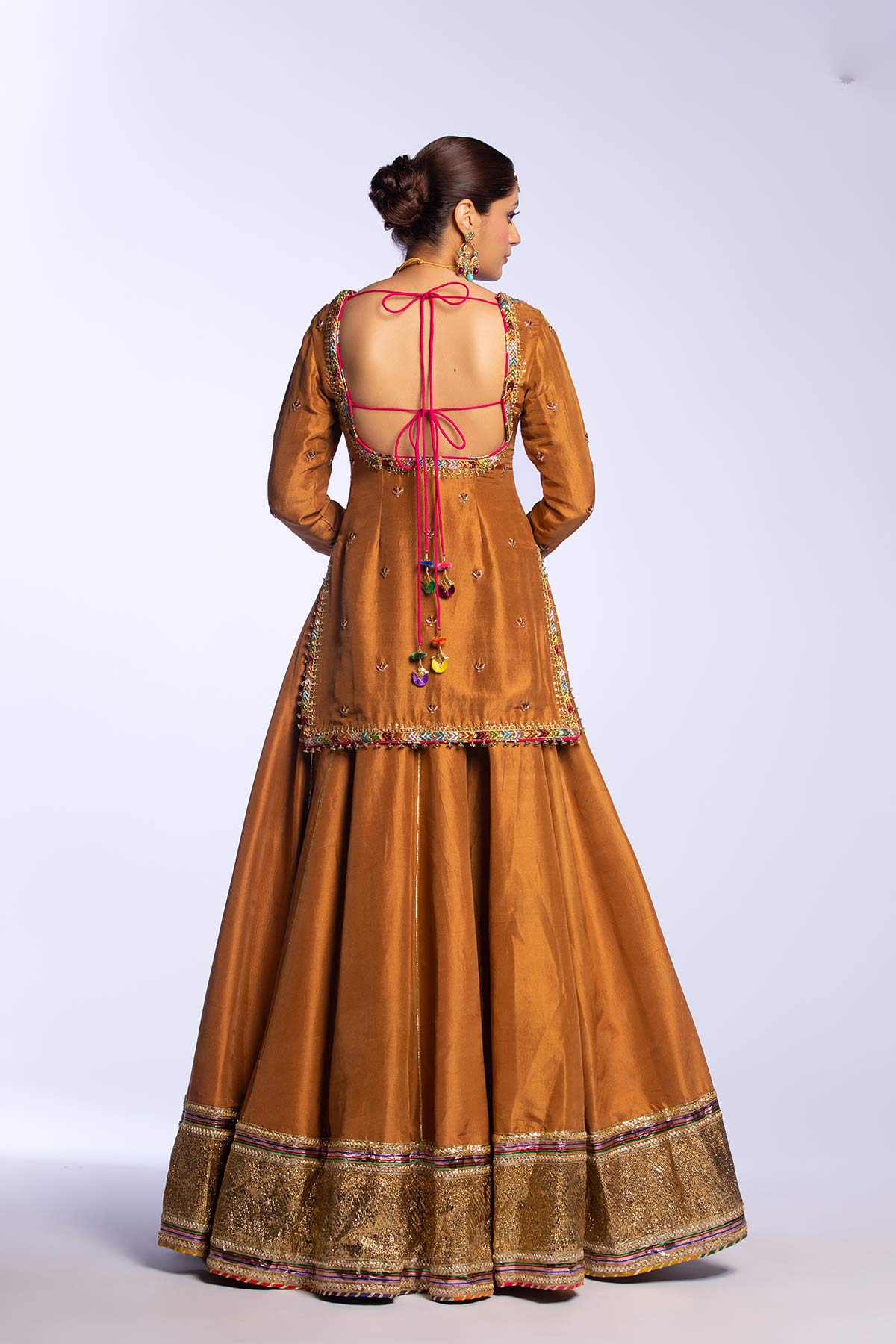 Pakistani Brown Embroidered Raw Silk Lehenga (3-Piece) - Image 10