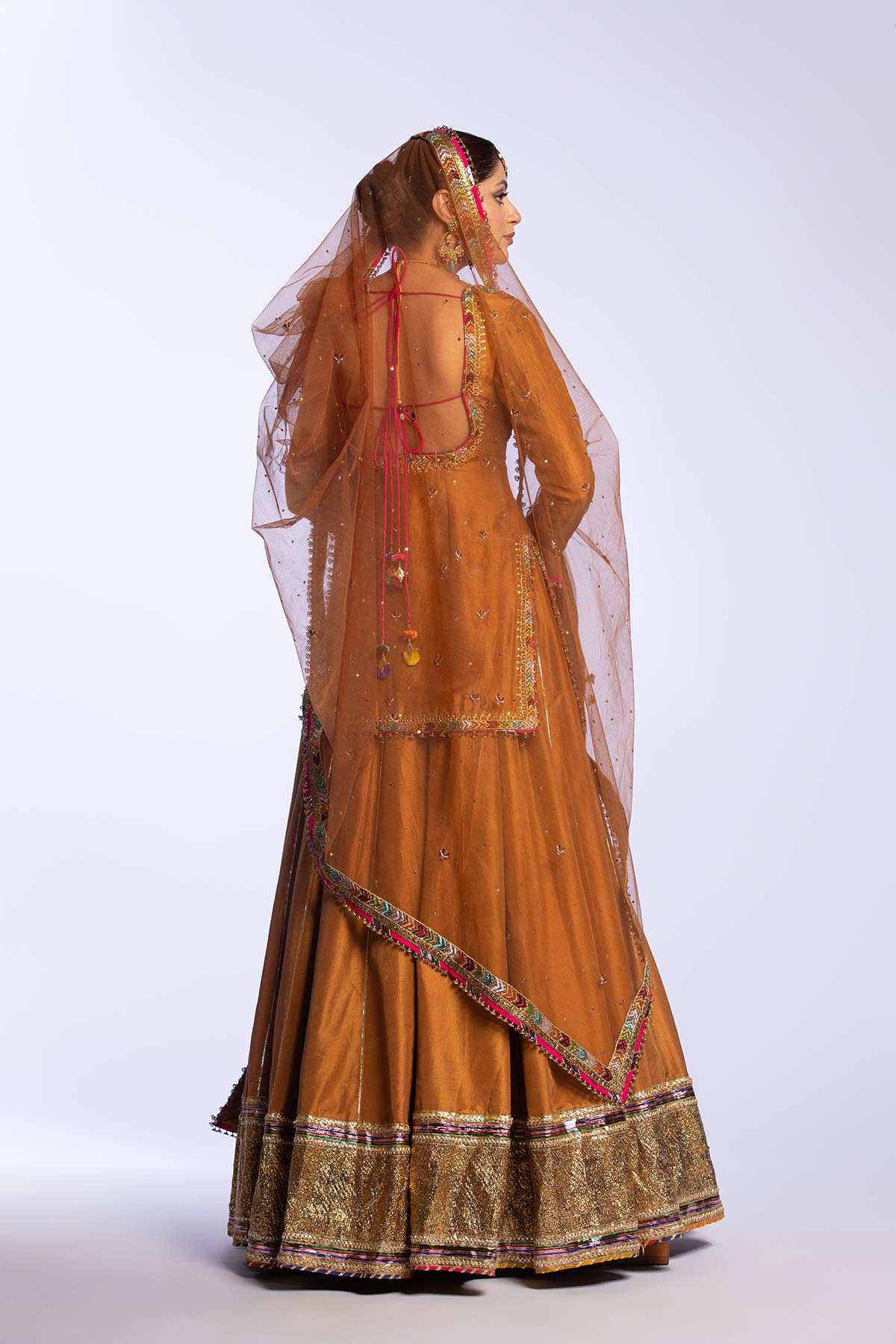 Pakistani Brown Embroidered Raw Silk Lehenga (3-Piece) - Image 11