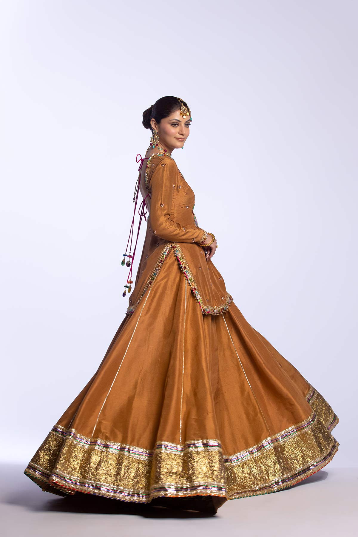 Pakistani Brown Embroidered Raw Silk Lehenga (3-Piece) - Image 3