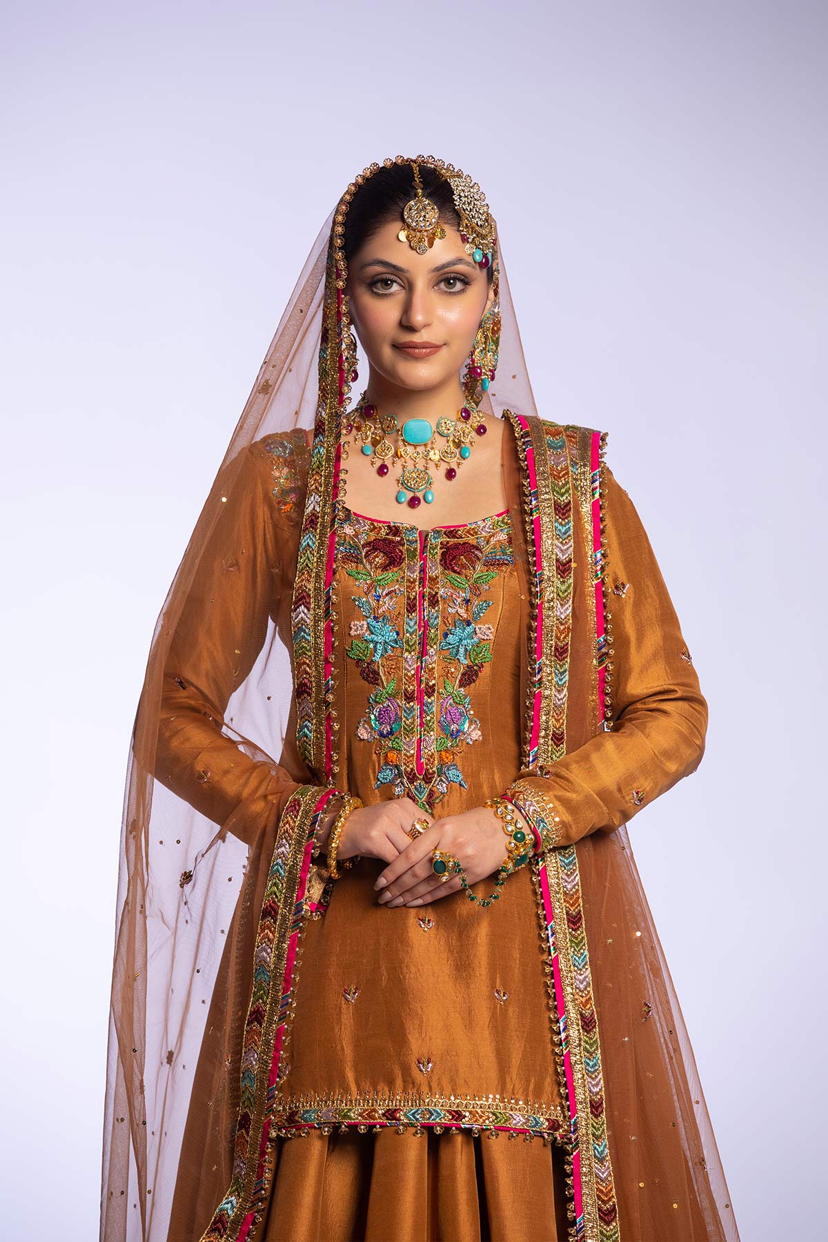 Pakistani Brown Embroidered Raw Silk Lehenga (3-Piece) - Image 4