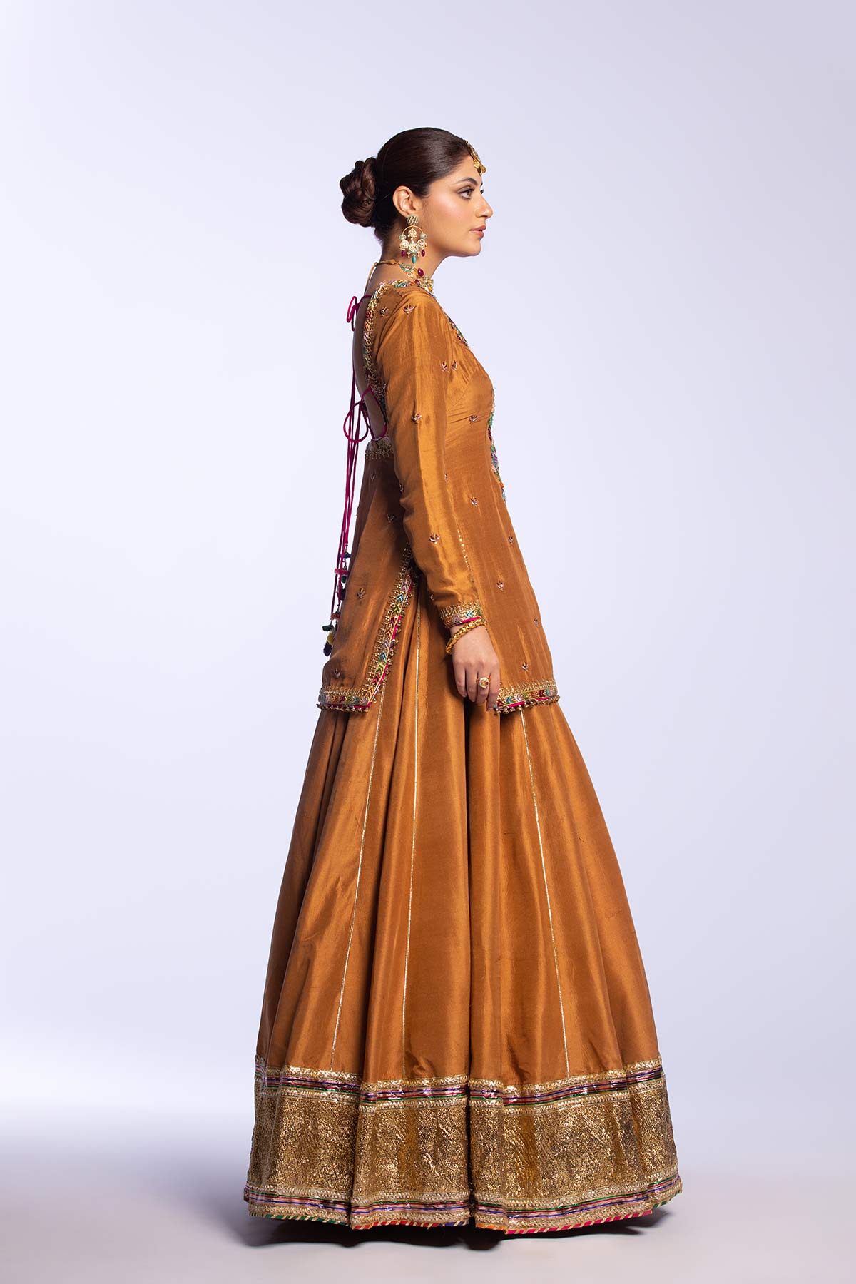 Pakistani Brown Embroidered Raw Silk Lehenga (3-Piece) - Image 7