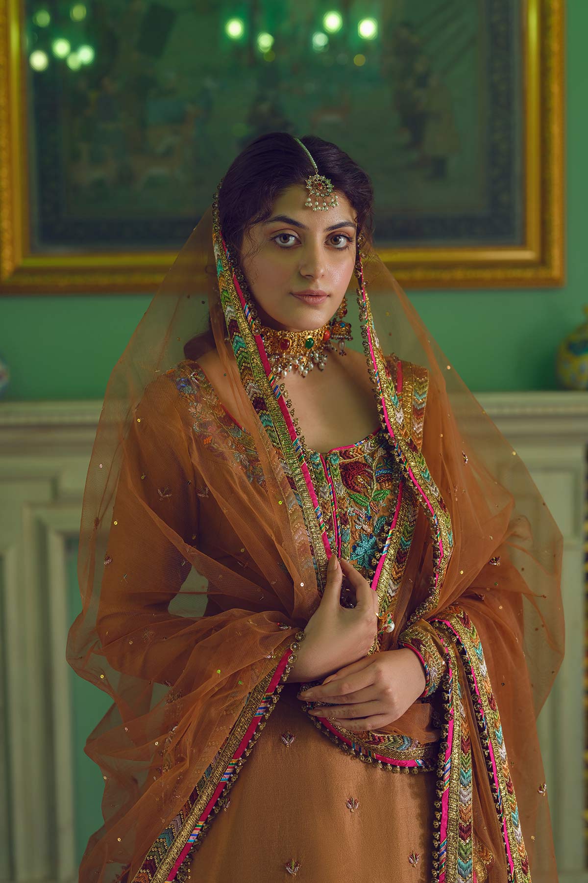 Pakistani Brown Embroidered Raw Silk Lehenga (3-Piece) - Image 8