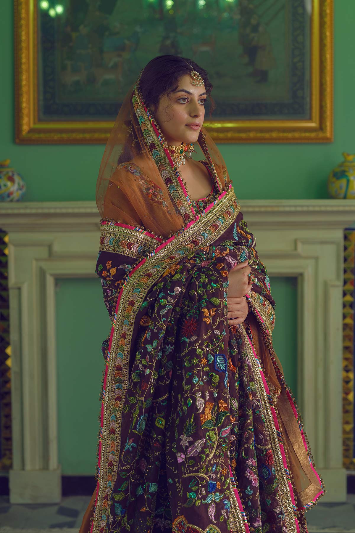 Deep Brown Zardozi Raw Silk Lehenga (3-Piece) - Image 3