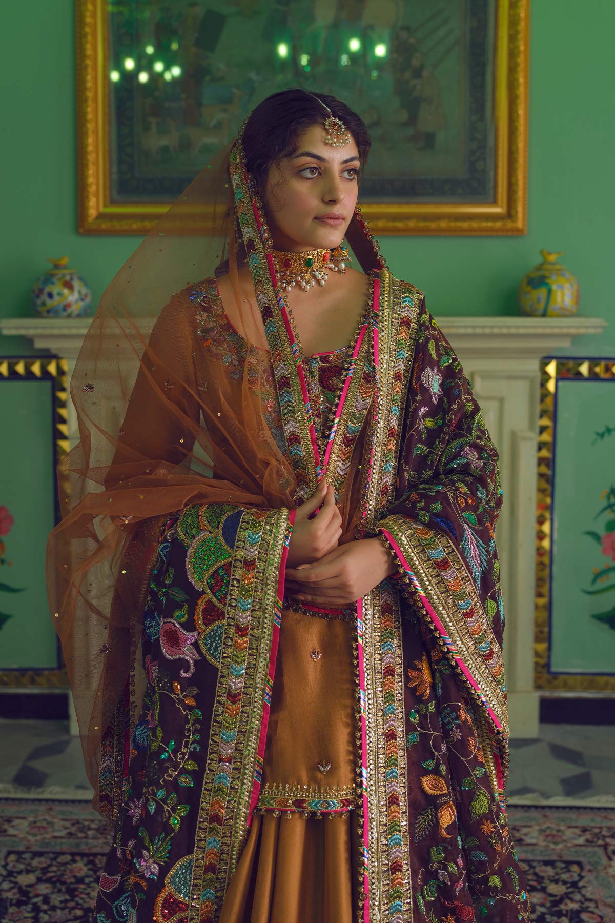 Deep Brown Zardozi Raw Silk Lehenga (3-Piece) - Image 4