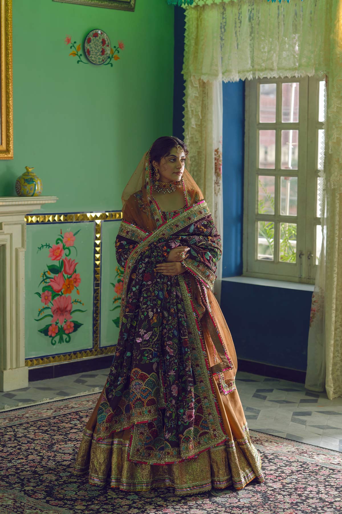 Deep Brown Zardozi Raw Silk Lehenga (3-Piece) - Image 5