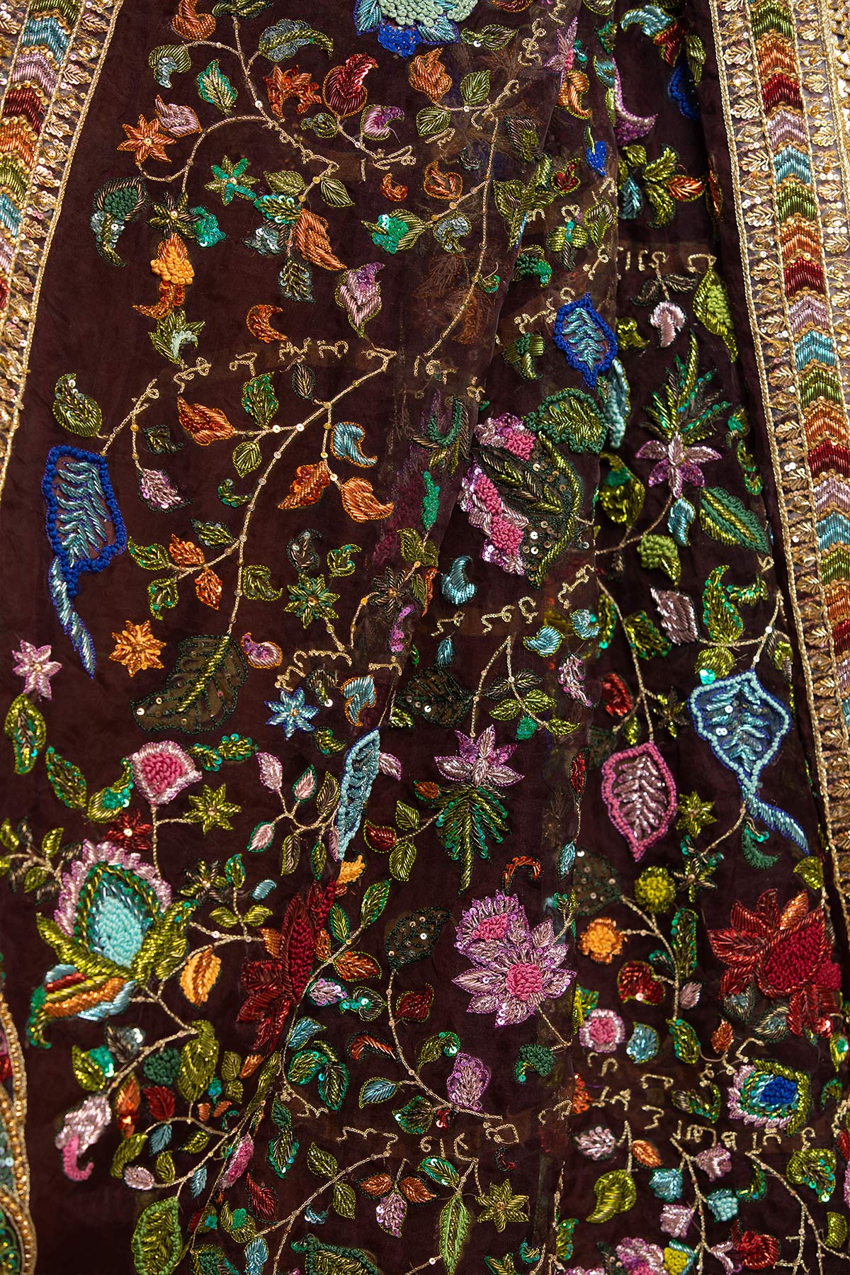 Deep Brown Zardozi Raw Silk Lehenga (3-Piece) - Image 6