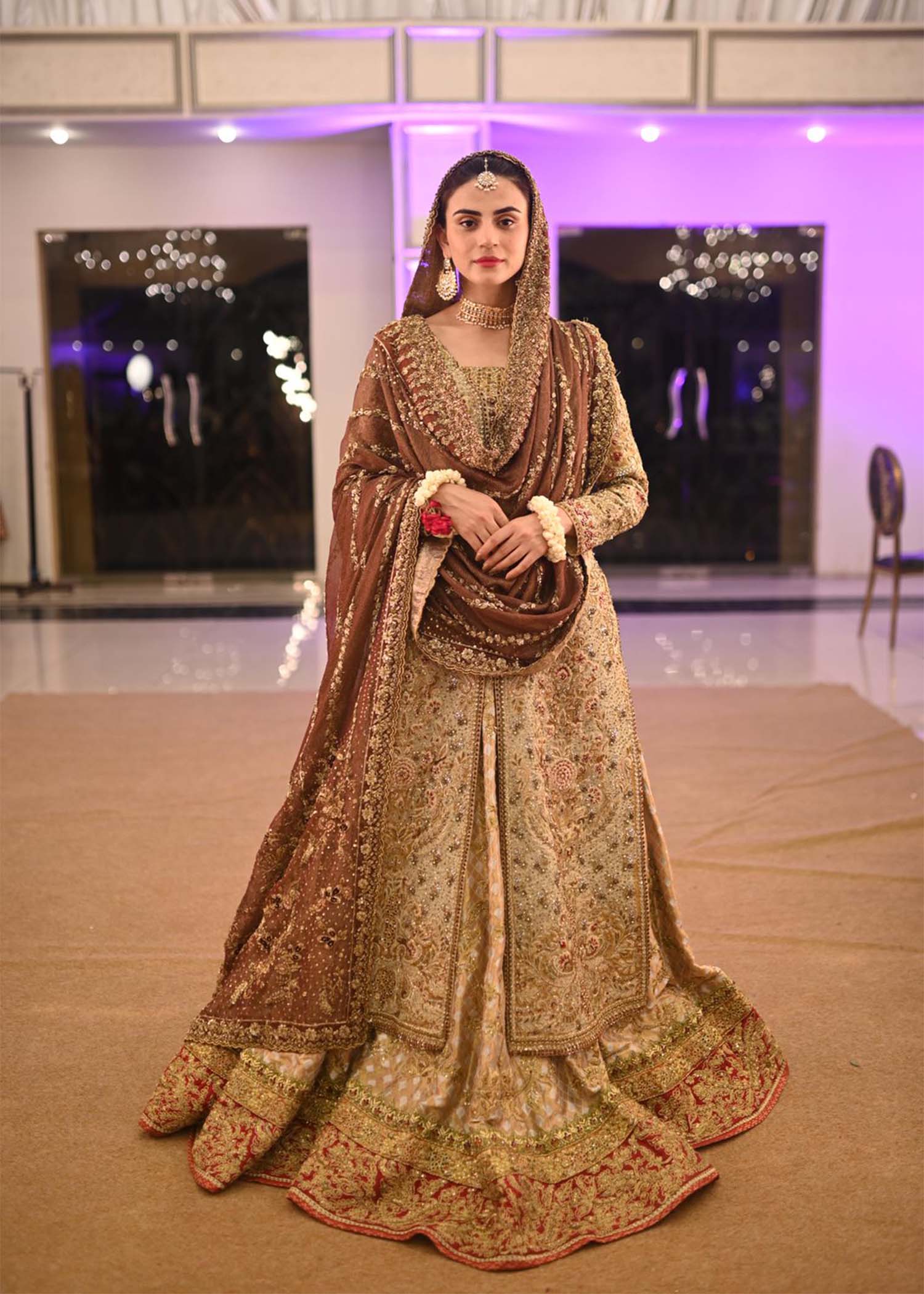 Pakistani Deep Cocoa Gold Embellished Silk Brocade Bridal Lehenga (3-Piece) - Image 1