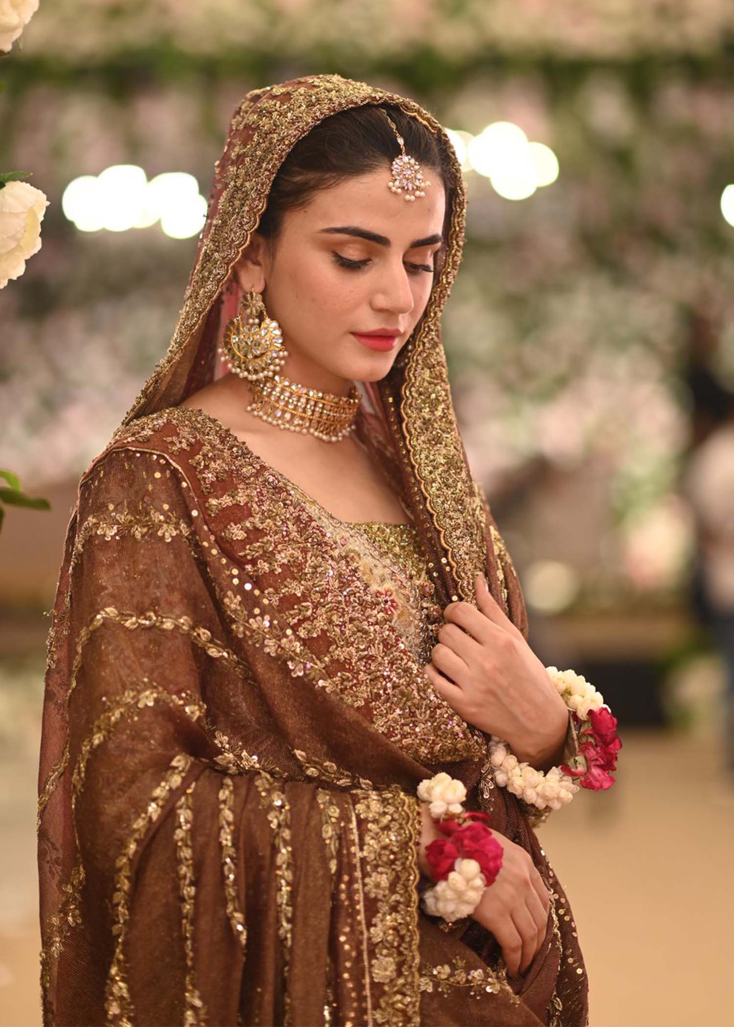 Pakistani Deep Cocoa Gold Embellished Silk Brocade Bridal Lehenga (3-Piece) - Image 2