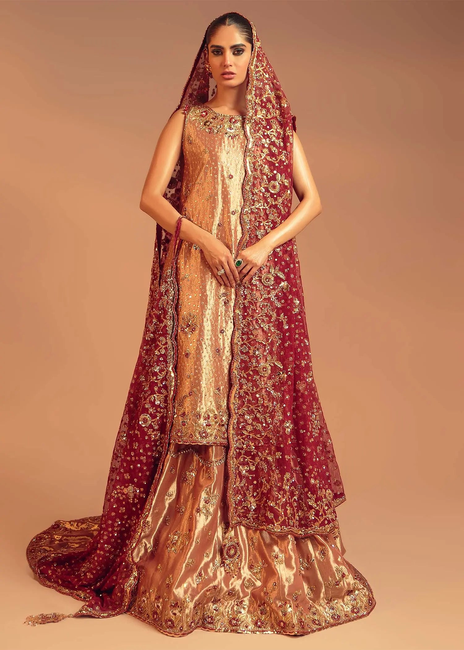 Pakistani Burnt Sienna Embroidered Silk Bridal Lehenga (3-Piece) - Image 1