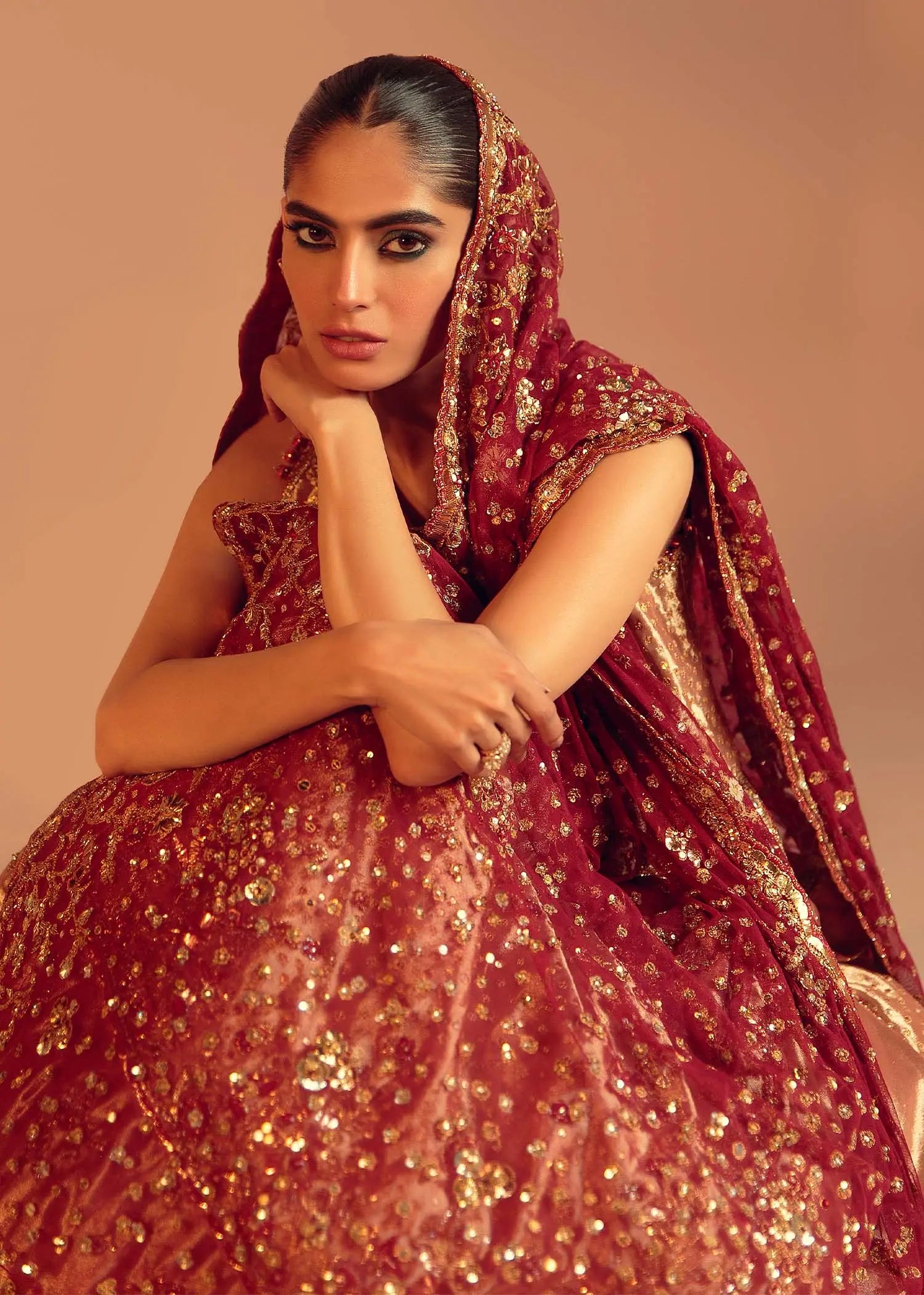 Pakistani Burnt Sienna Embroidered Silk Bridal Lehenga (3-Piece) - Image 2