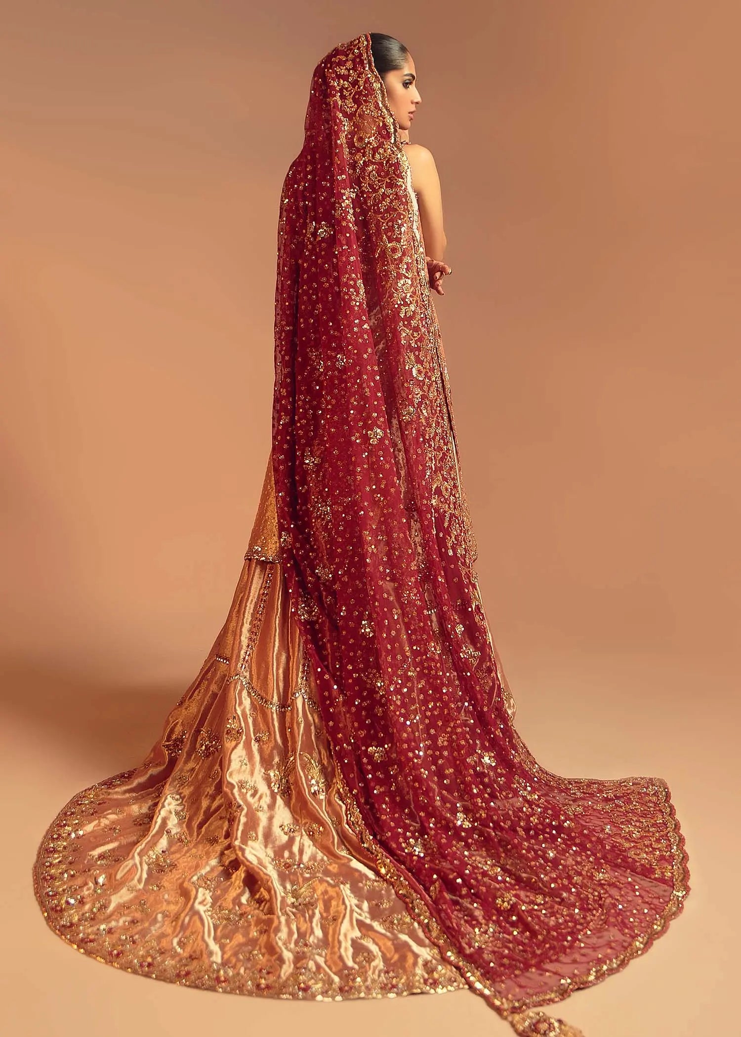 Pakistani Burnt Sienna Embroidered Silk Bridal Lehenga (3-Piece) - Image 4