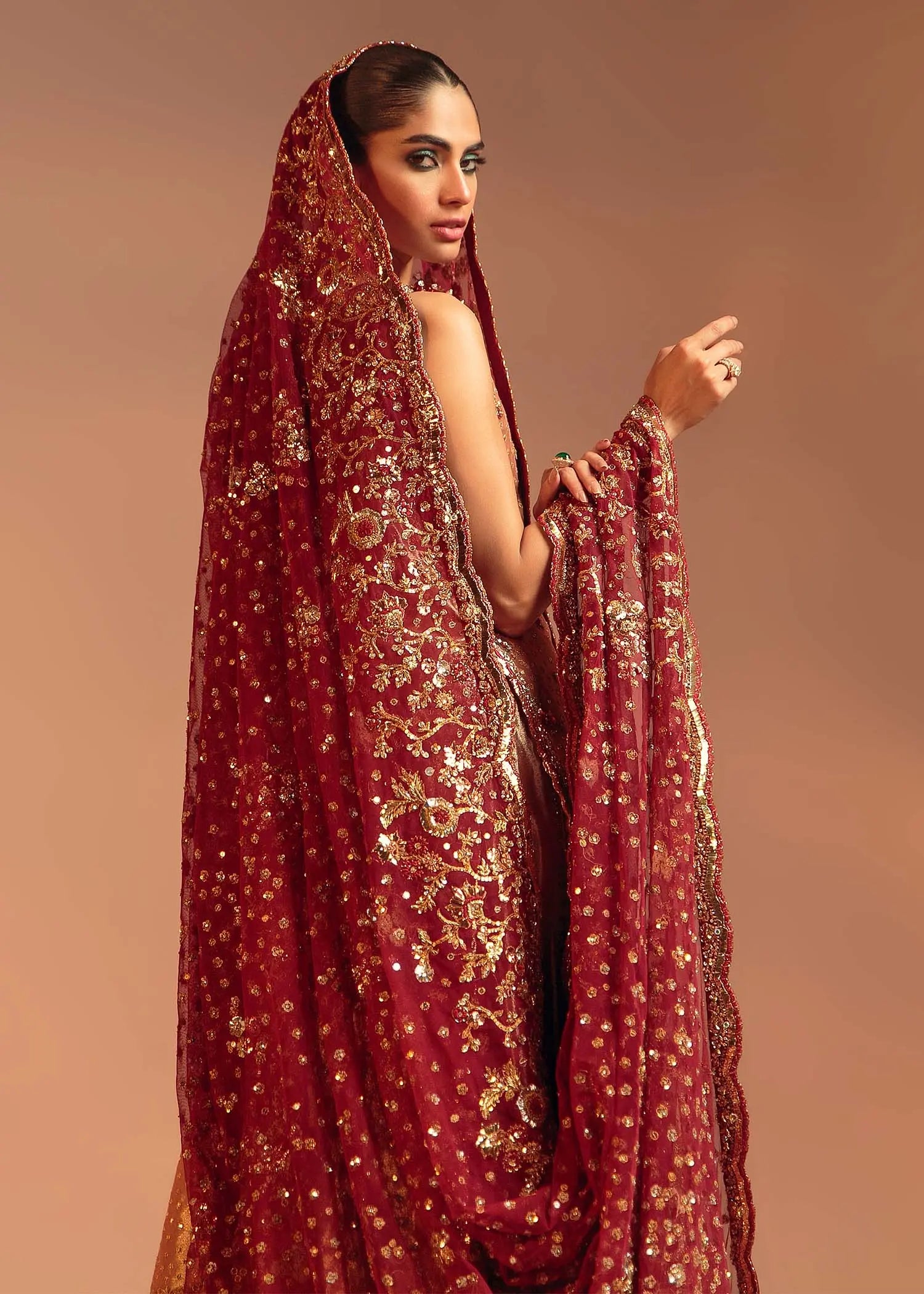 Pakistani Burnt Sienna Embroidered Silk Bridal Lehenga (3-Piece) - Image 5
