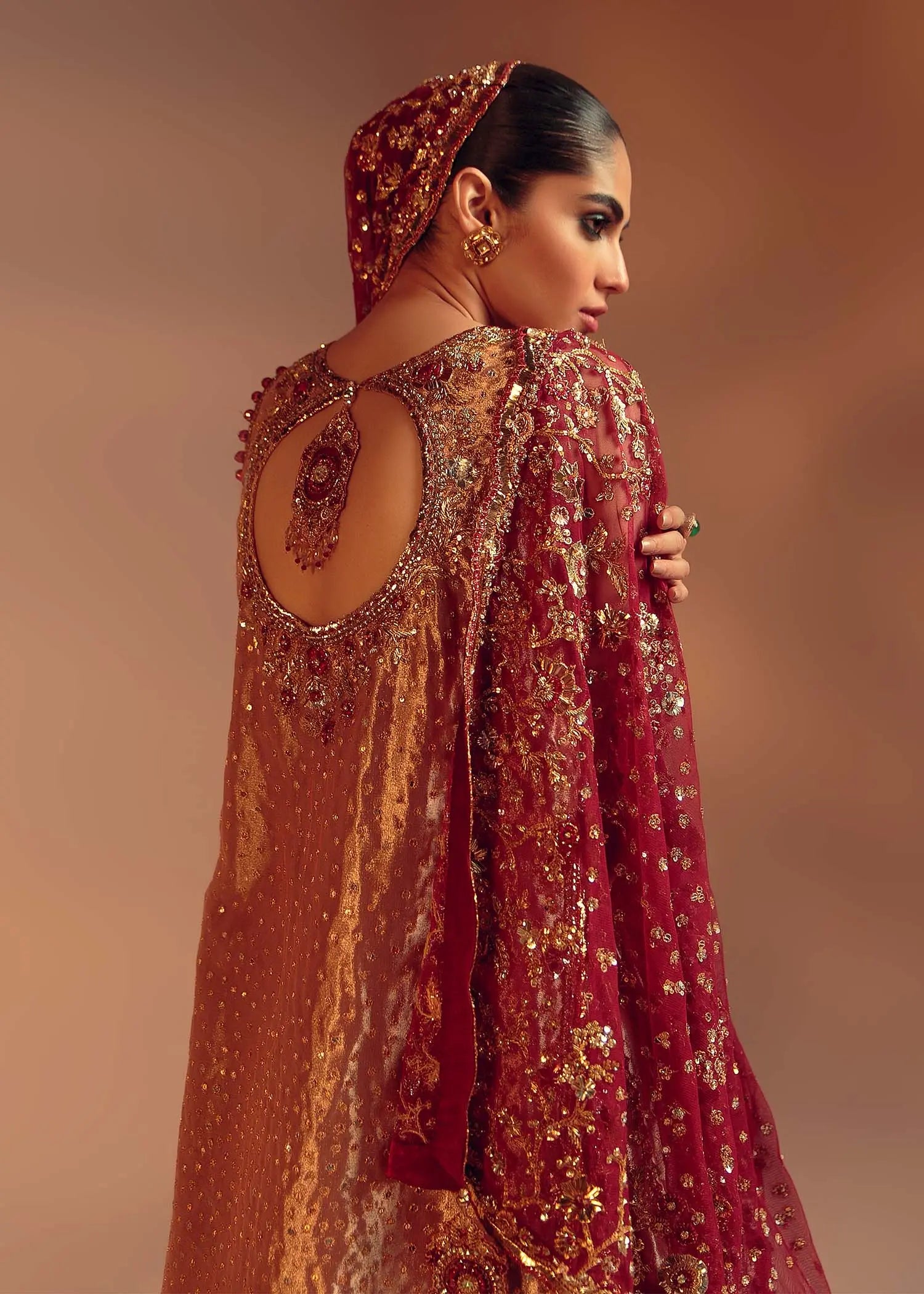Pakistani Burnt Sienna Embroidered Silk Bridal Lehenga (3-Piece) - Image 6