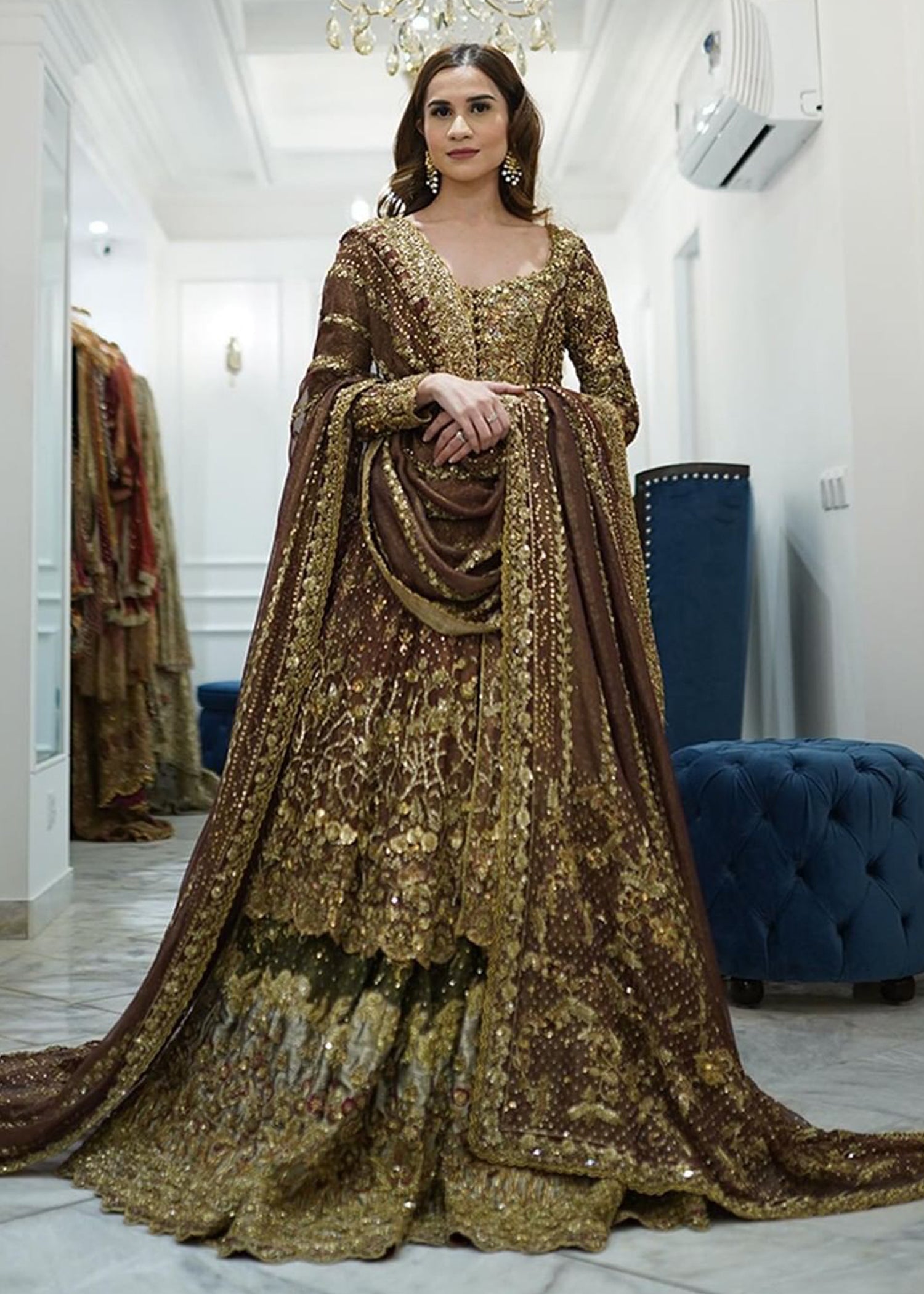 Deep Brown Zardozi Silk Bridal Lehenga (3-Piece) - Image 1