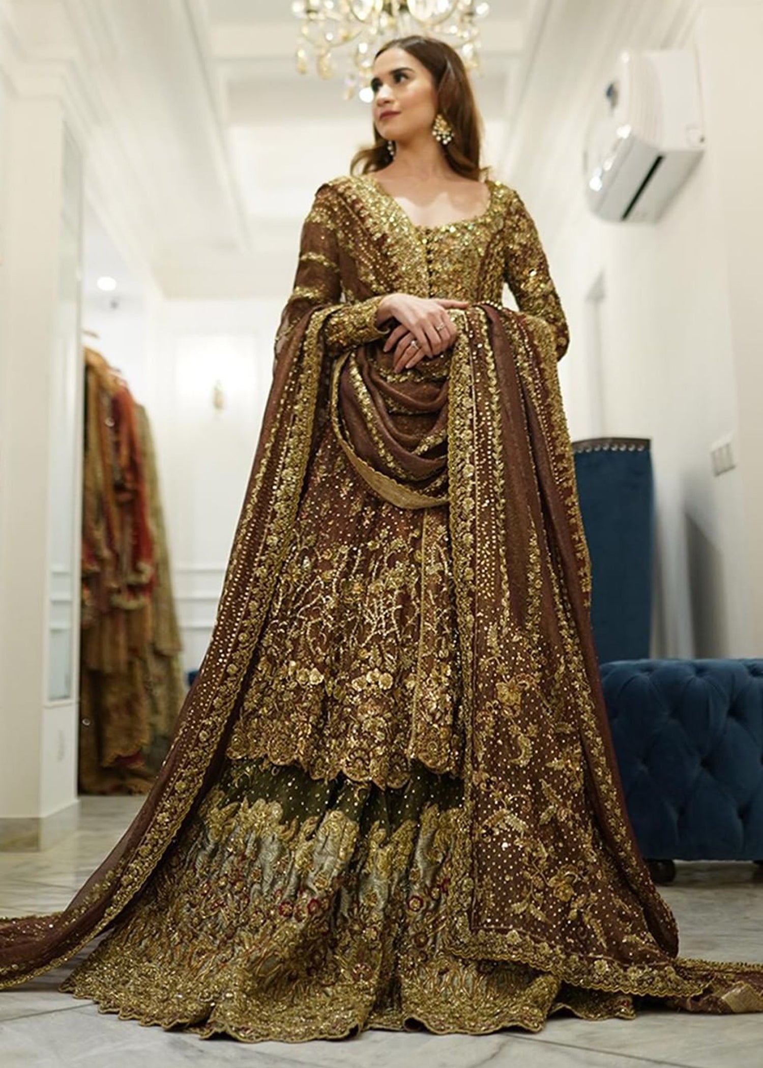 Deep Brown Zardozi Silk Bridal Lehenga (3-Piece) - Image 4