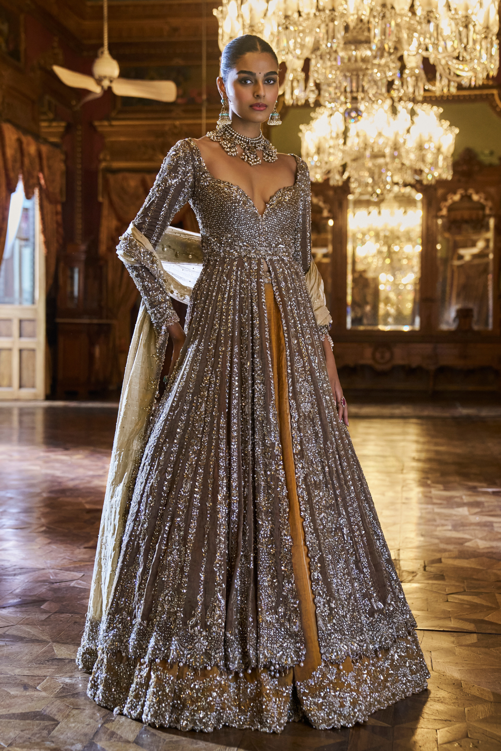 Indian Coffee Brown Embellished Tissue Silk Jacket Lehenga (3-Piece) - Image 1