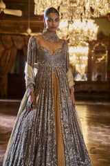 Indian Coffee Brown Embellished Tissue Silk Jacket Lehenga (3-Piece) - Image 3