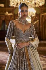 Indian Coffee Brown Embellished Tissue Silk Jacket Lehenga (3-Piece) - Image 4