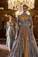 Indian Coffee Brown Embellished Tissue Silk Jacket Lehenga (3-Piece) - Image 6