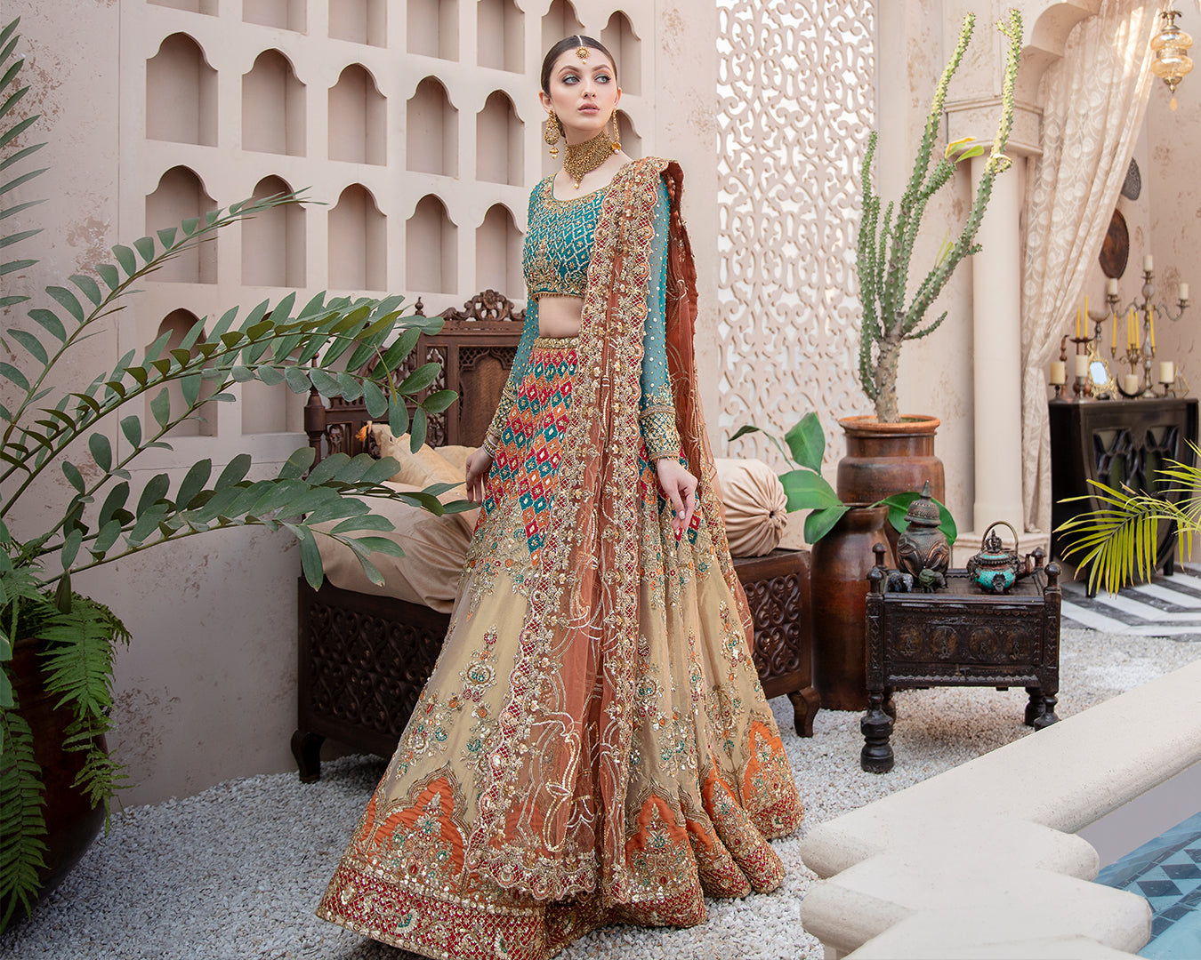Earthy Brown Zardozi Tissue Lehenga Choli (3-Piece) - Image 3