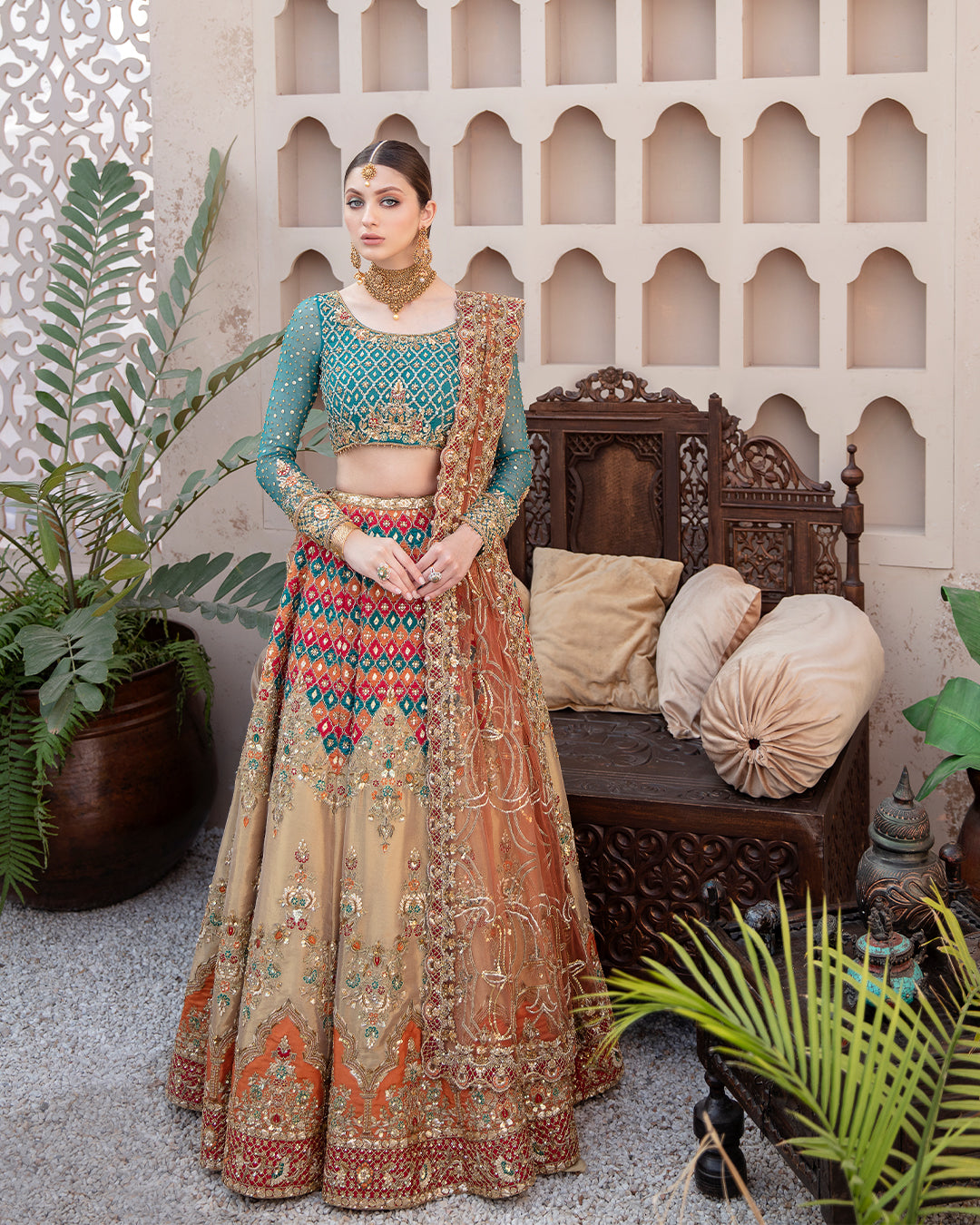 Earthy Brown Embellished Tissue Lehenga Choli (3-Piece) - Image 1