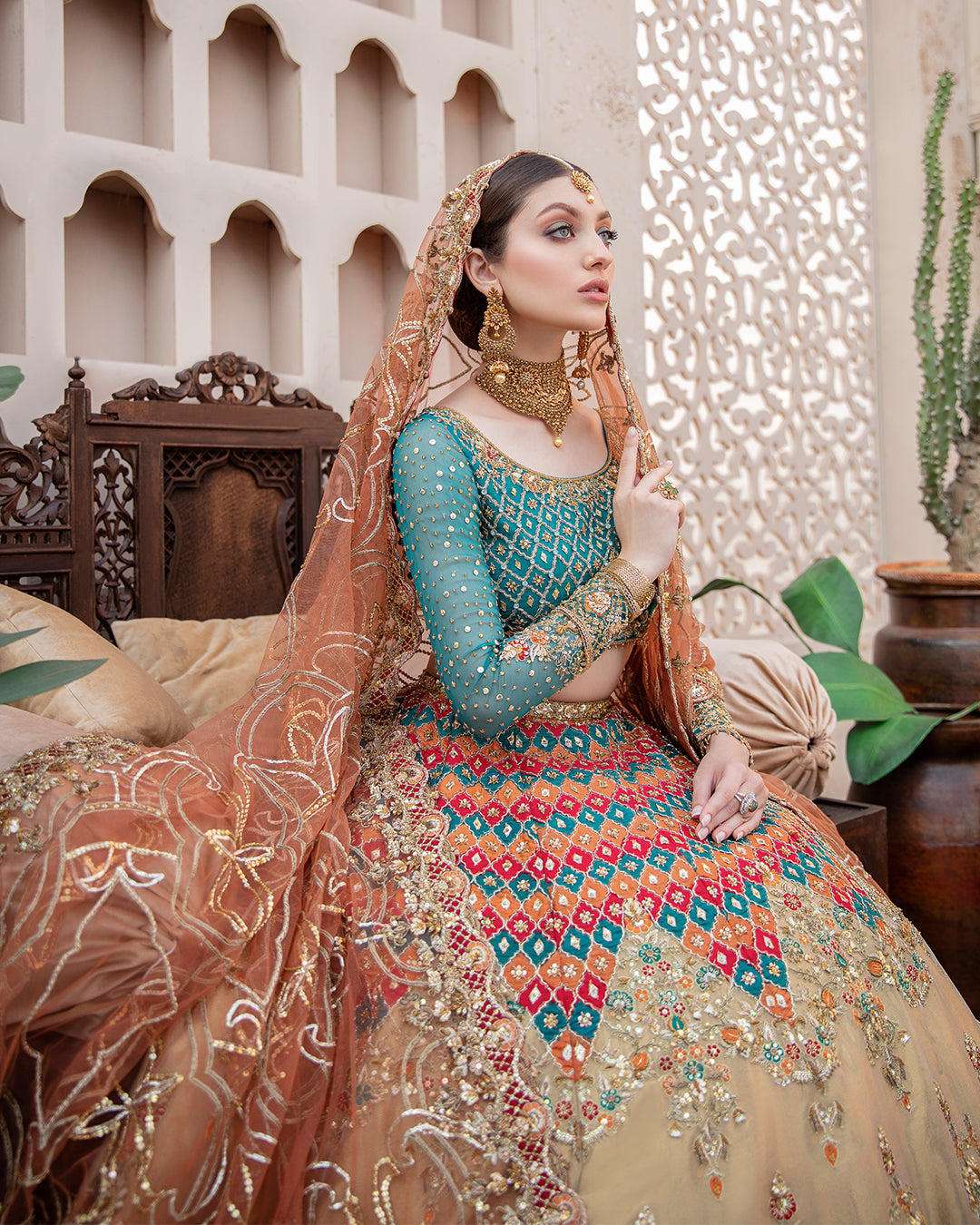 Earthy Brown Embellished Tissue Lehenga Choli (3-Piece) - Image 4