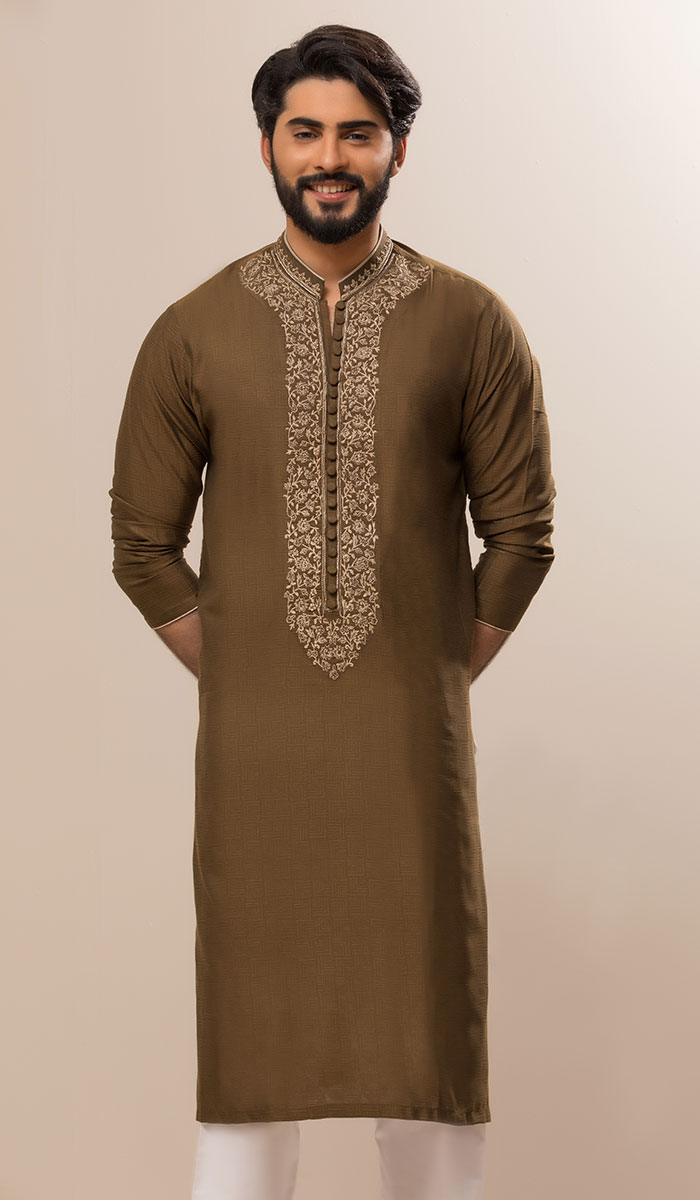 Ginger Brown Embroidered Jacquard Karandi Kurta (2-Piece) - Image 1