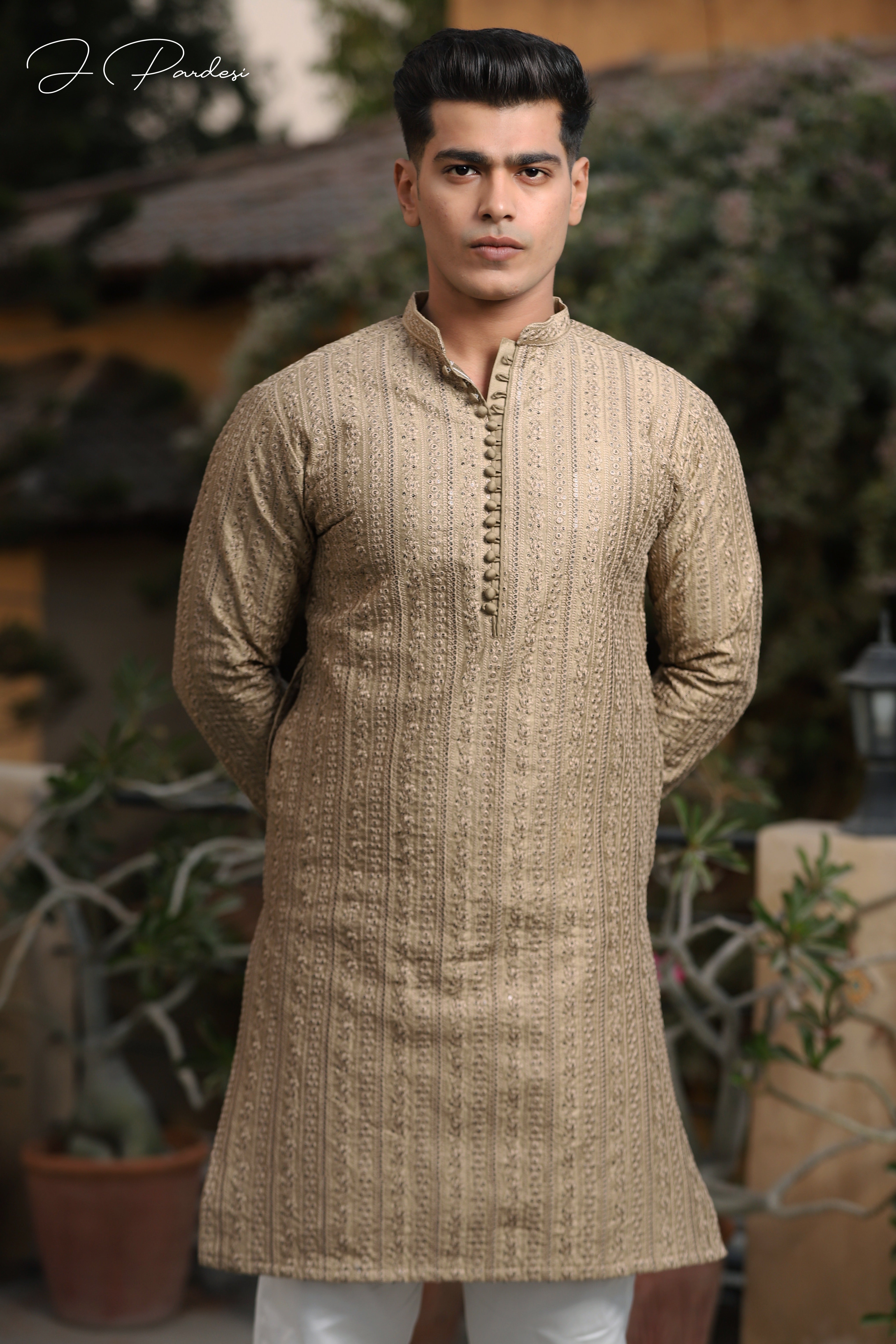 Walnut Embroidered Raw Silk Kurta (2-Piece) - Image 1