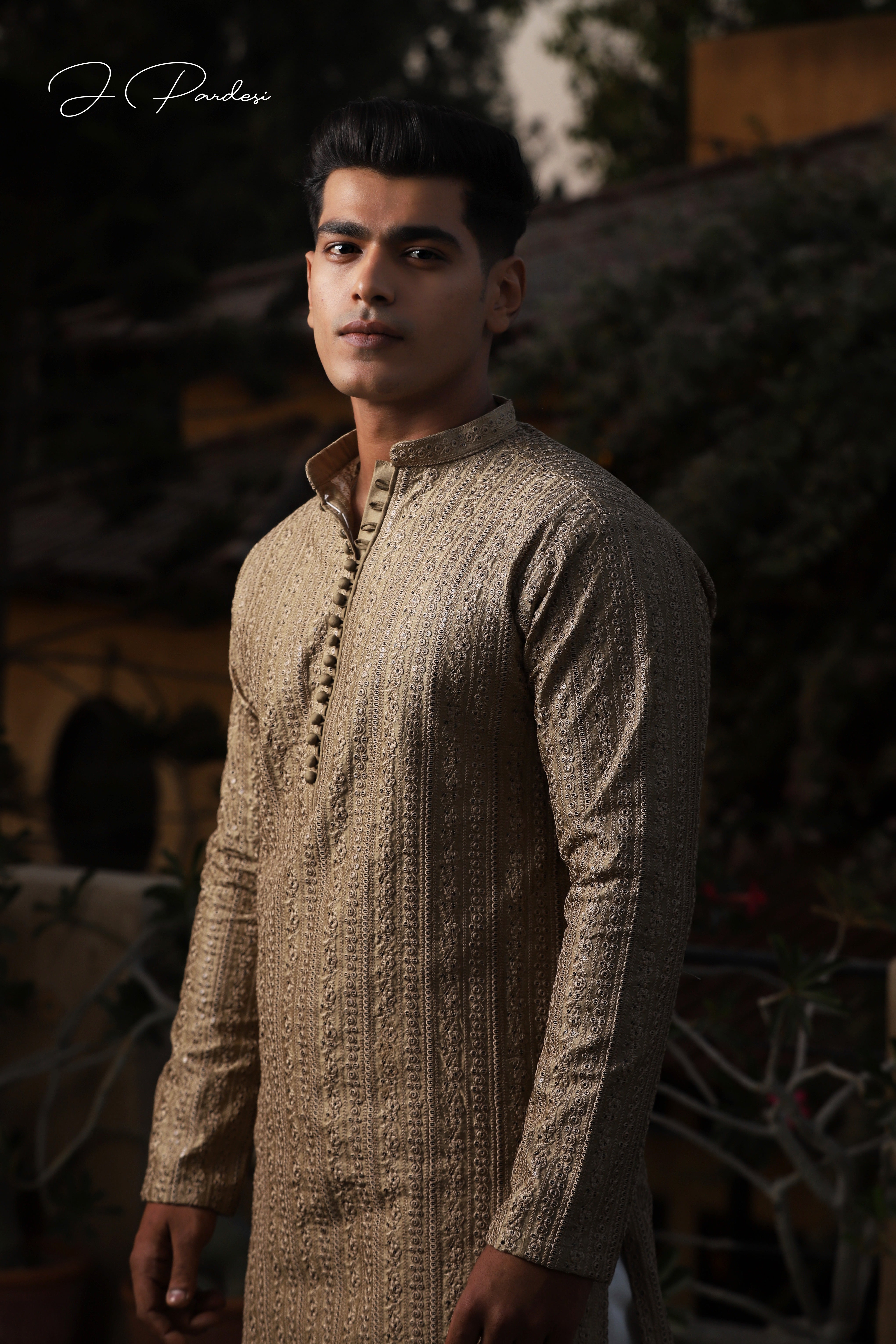 Walnut Embroidered Raw Silk Kurta (2-Piece) - Image 2
