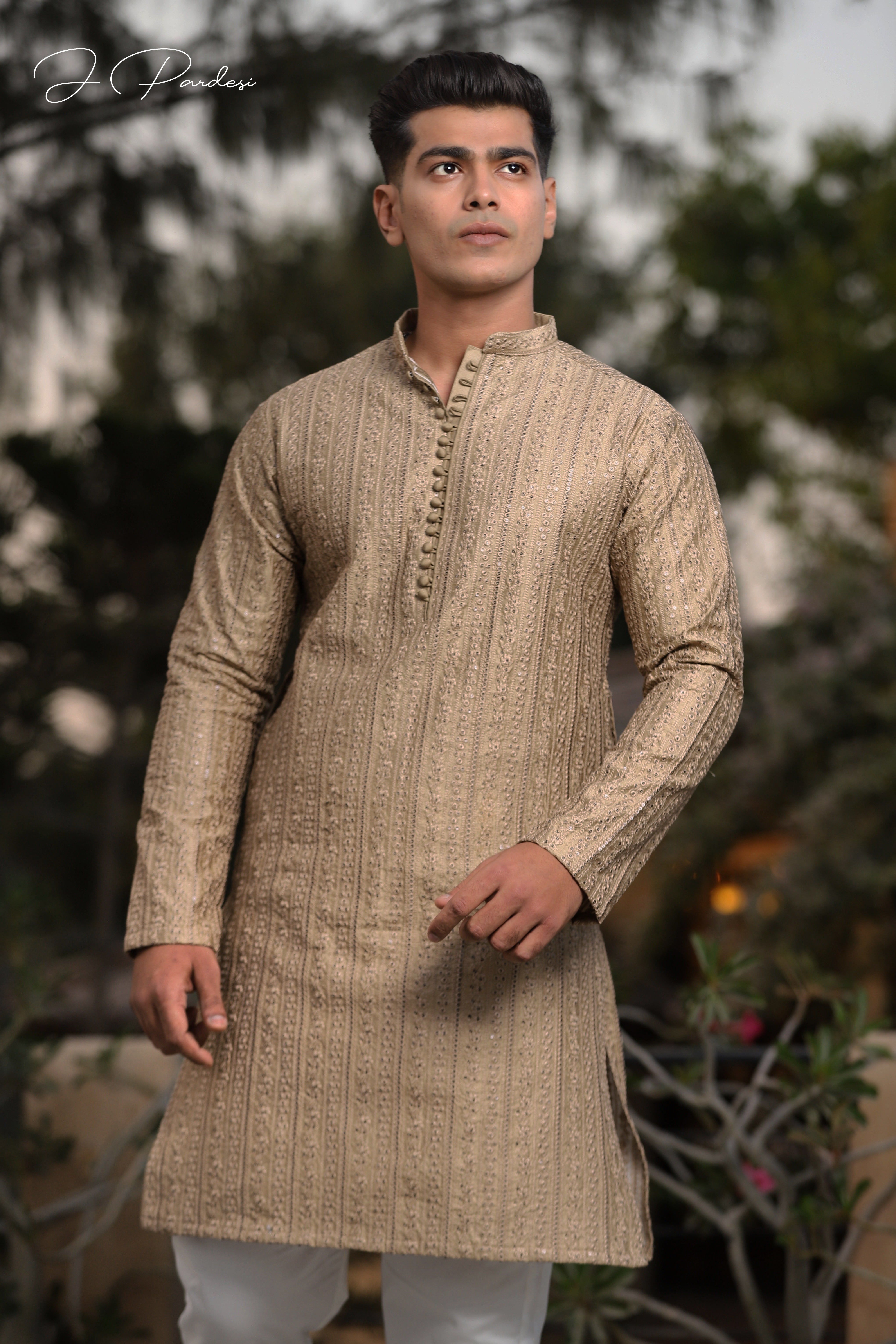Walnut Embroidered Raw Silk Kurta (2-Piece) - Image 3