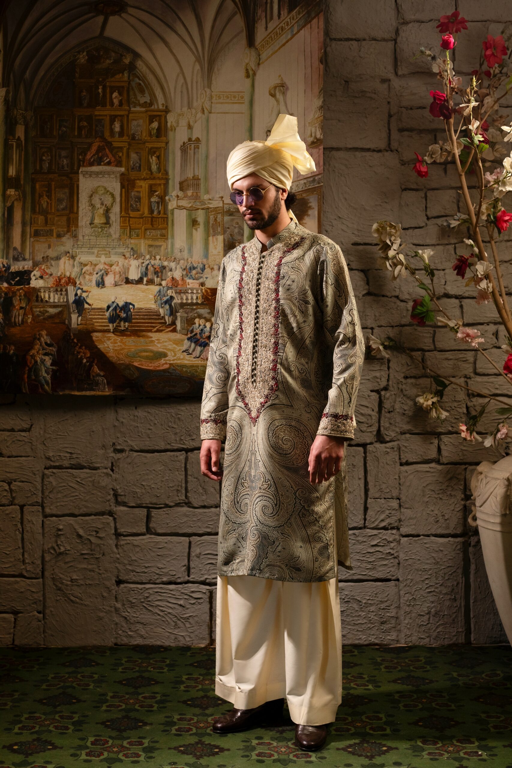 Taupe Hand-Knotted Embroidered Silk Kurta (2-Piece) - Image 1