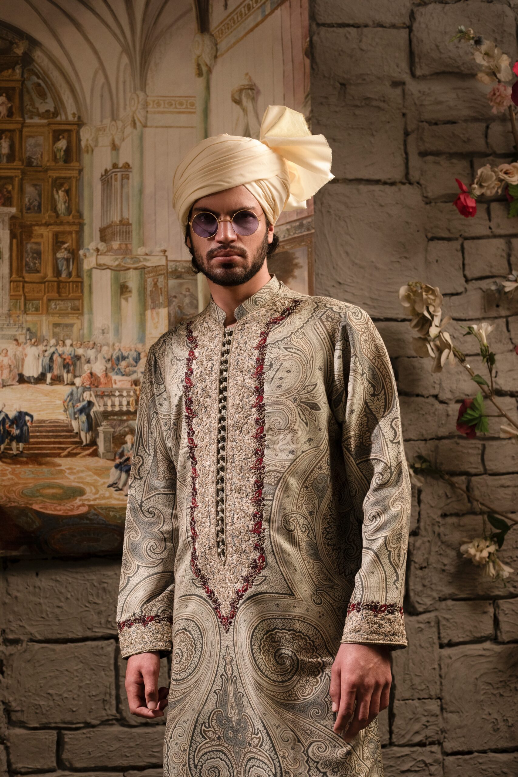 Taupe Hand-Knotted Embroidered Silk Kurta (2-Piece) - Image 2