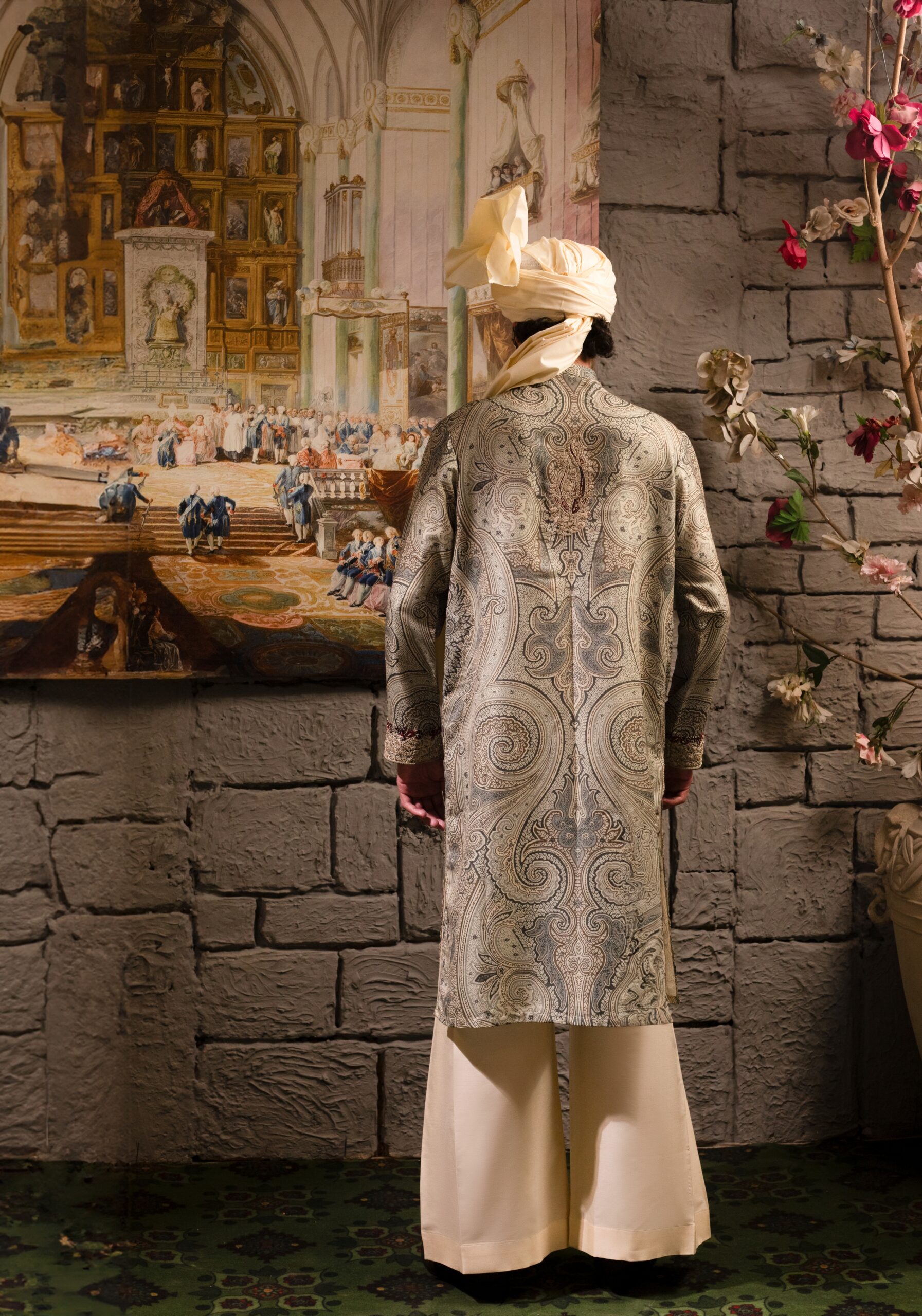 Taupe Hand-Knotted Embroidered Silk Kurta (2-Piece) - Image 3
