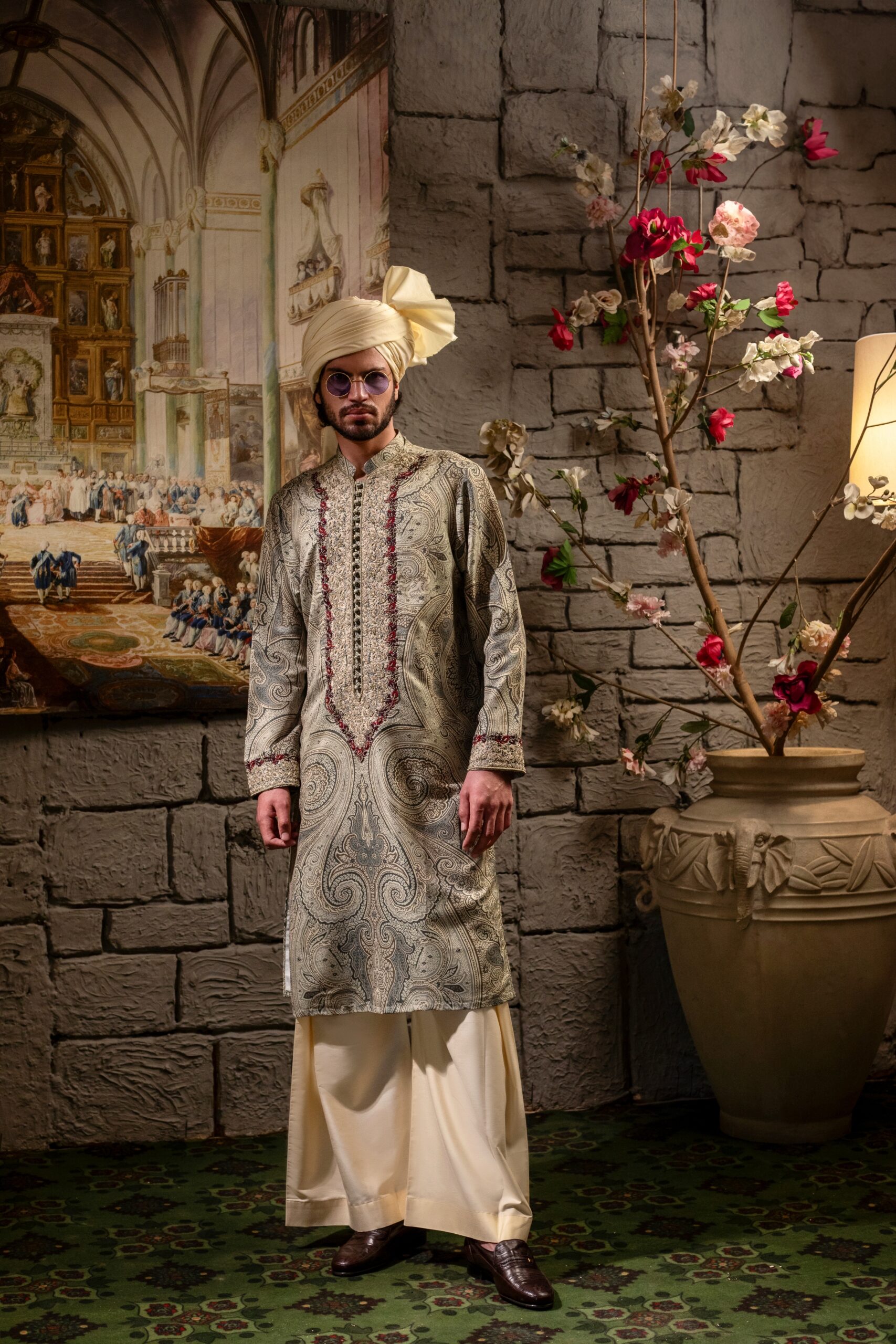 Taupe Hand-Knotted Embroidered Silk Kurta (2-Piece) - Image 5
