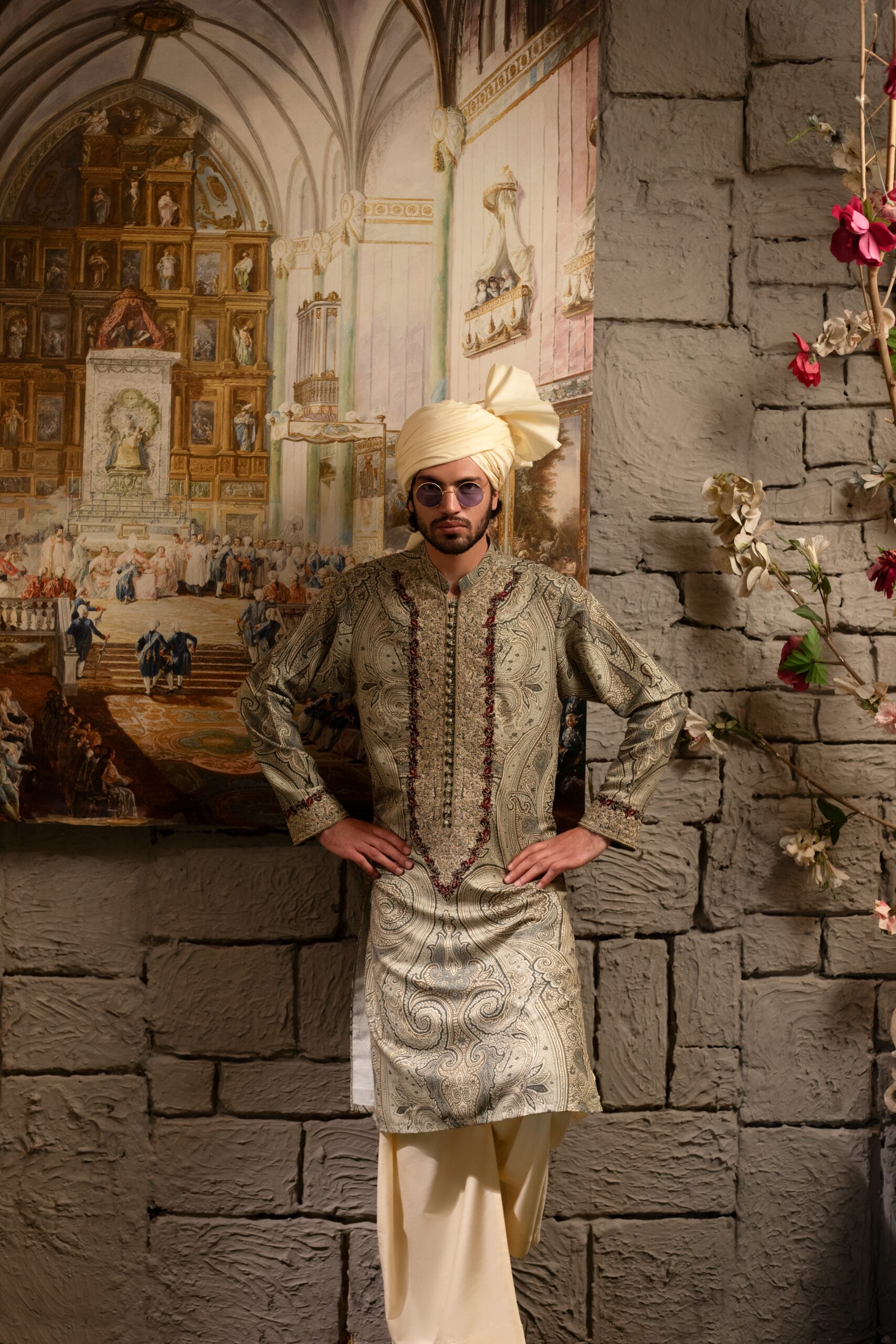 Taupe Hand-Knotted Embroidered Silk Kurta (2-Piece) - Image 6