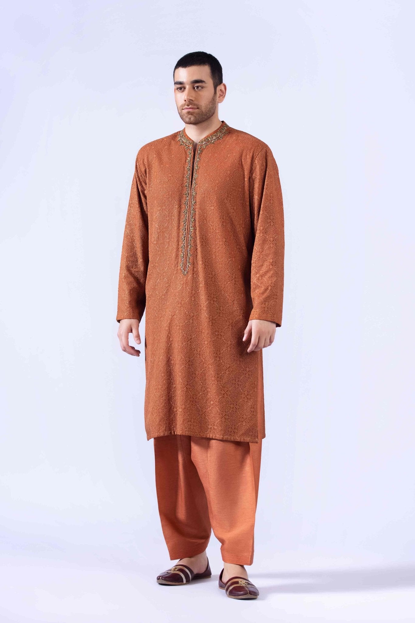 Rust Zardozi Embroidered Chiffon Kurta (3-Piece) - Image 3