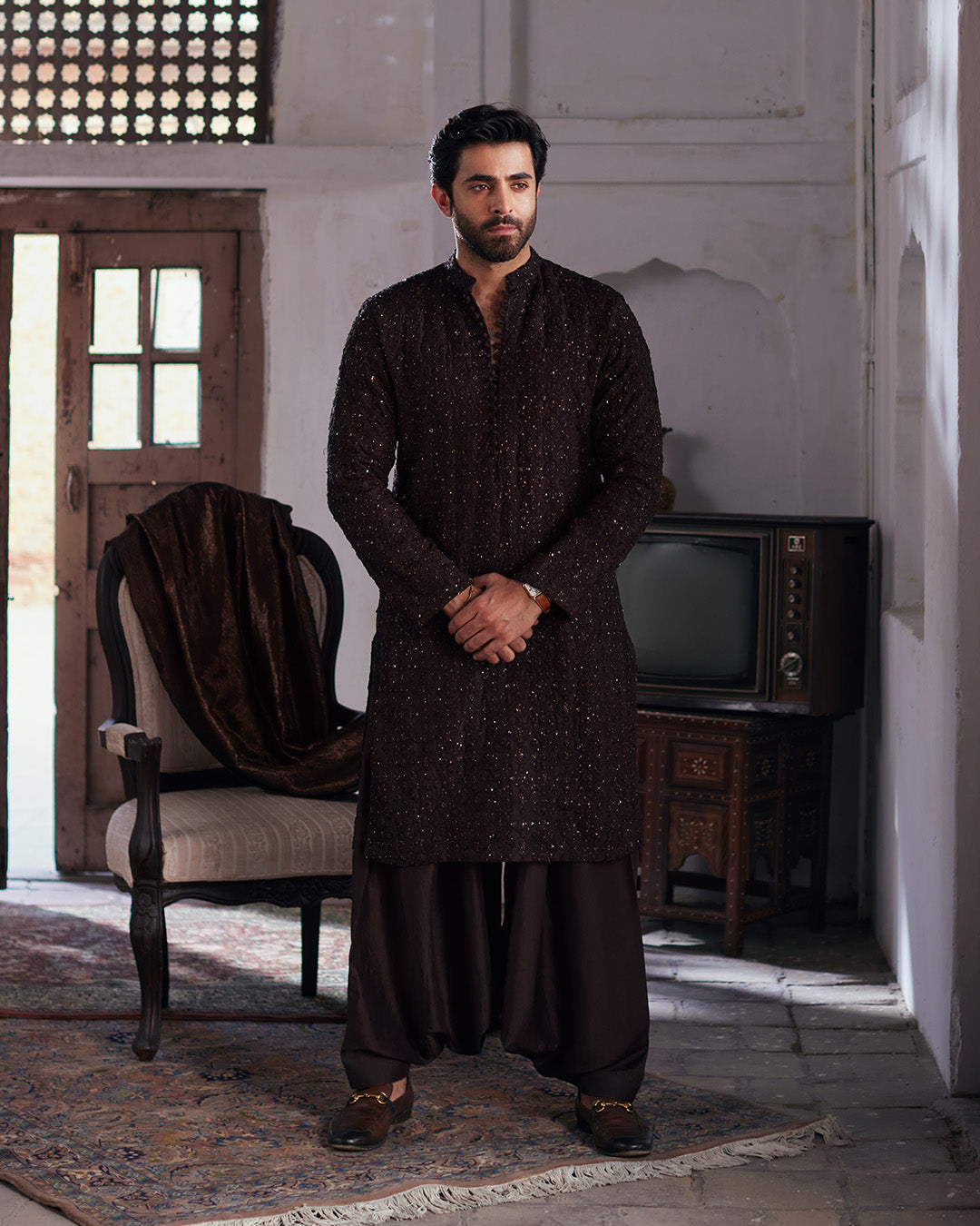 Chocolate Brown Embroidered Raw Silk Kurta Shalwar (3-Piece) - Image 1