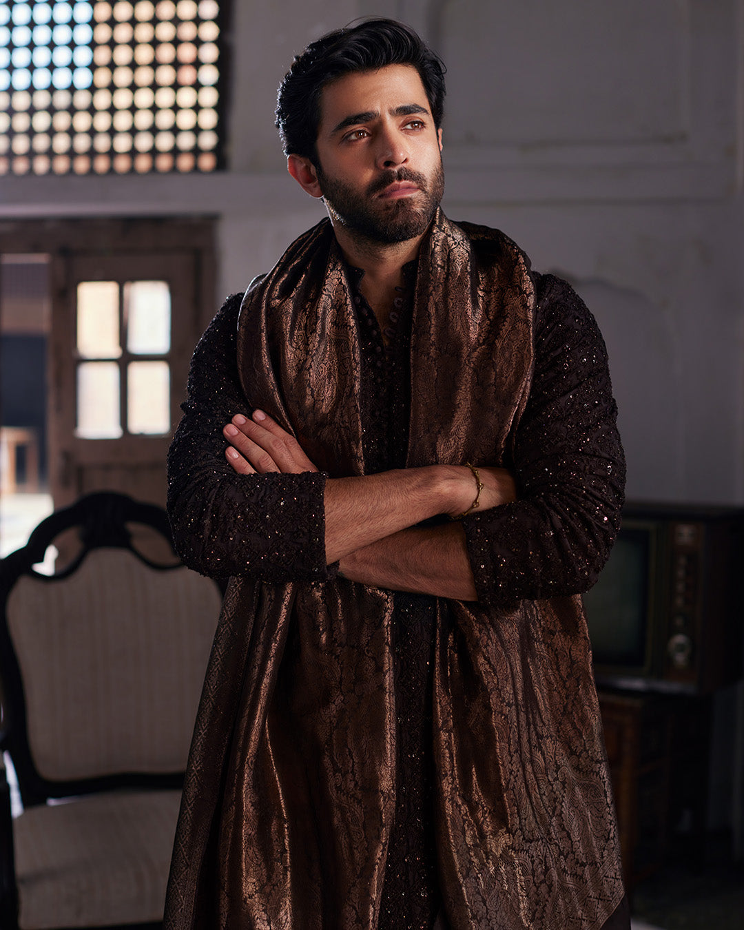 Chocolate Brown Embroidered Raw Silk Kurta Shalwar (3-Piece) - Image 3