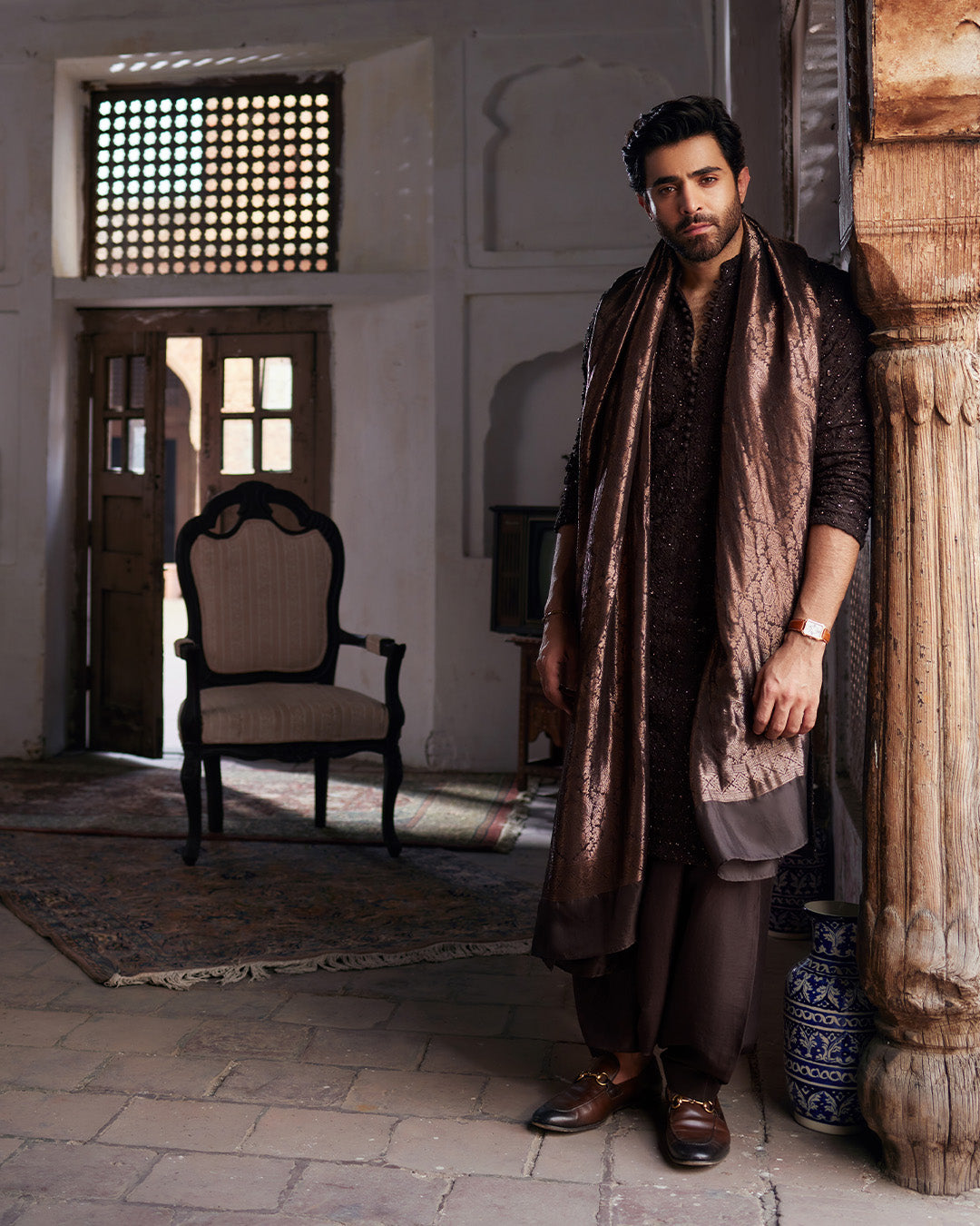 Chocolate Brown Embroidered Raw Silk Kurta Shalwar (3-Piece) - Image 4