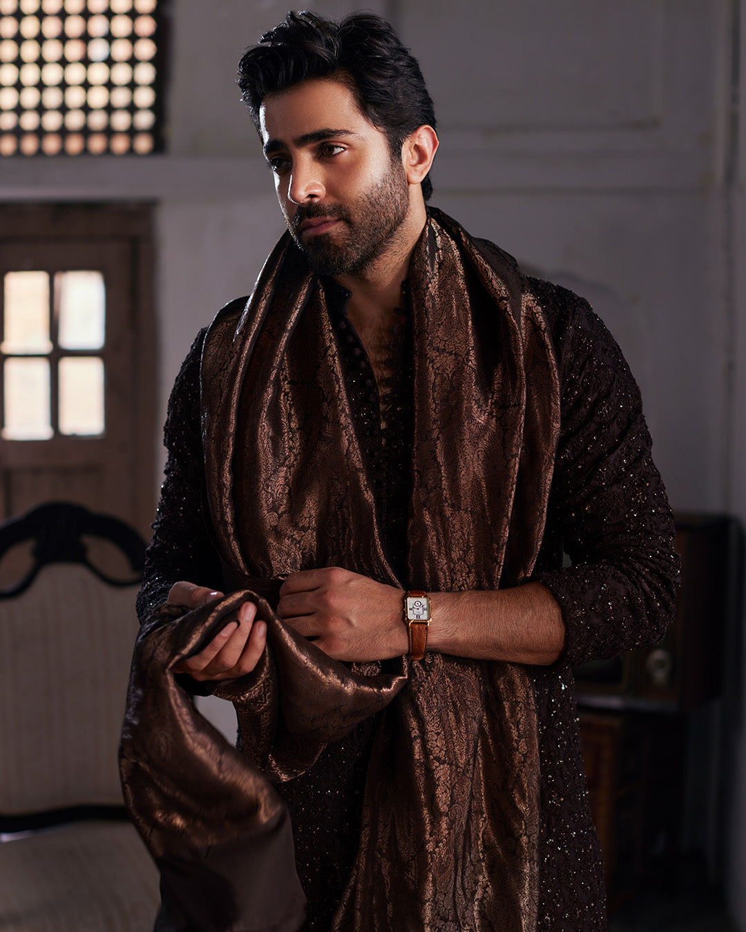 Chocolate Brown Embroidered Raw Silk Kurta Shalwar (3-Piece) - Image 5