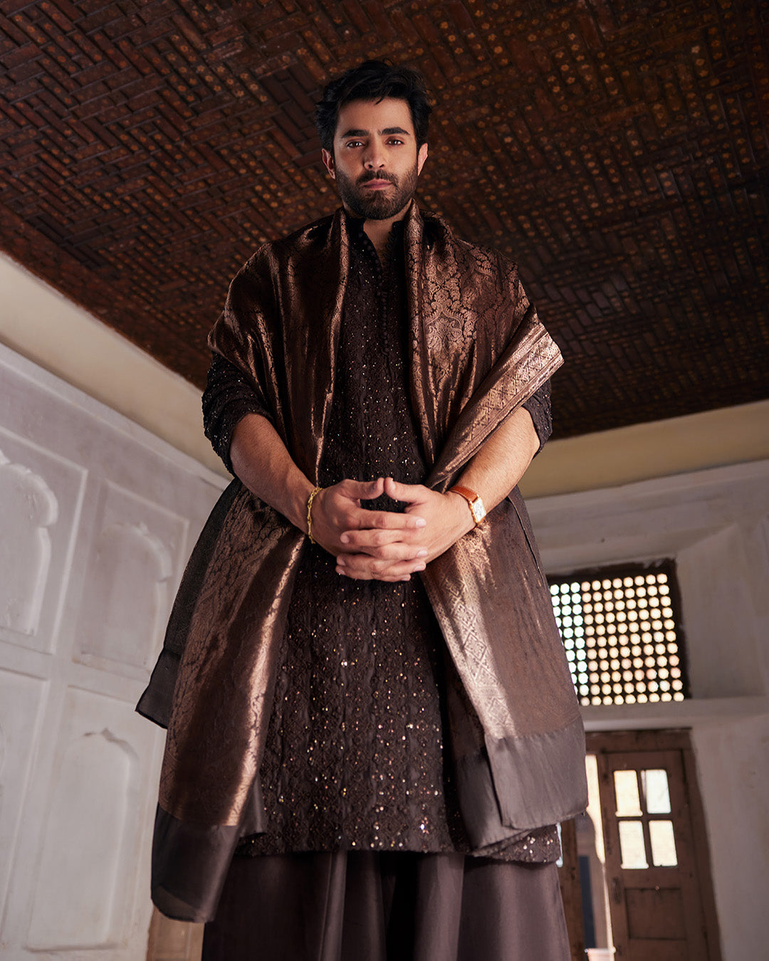 Chocolate Brown Embroidered Raw Silk Kurta Shalwar (3-Piece) - Image 6