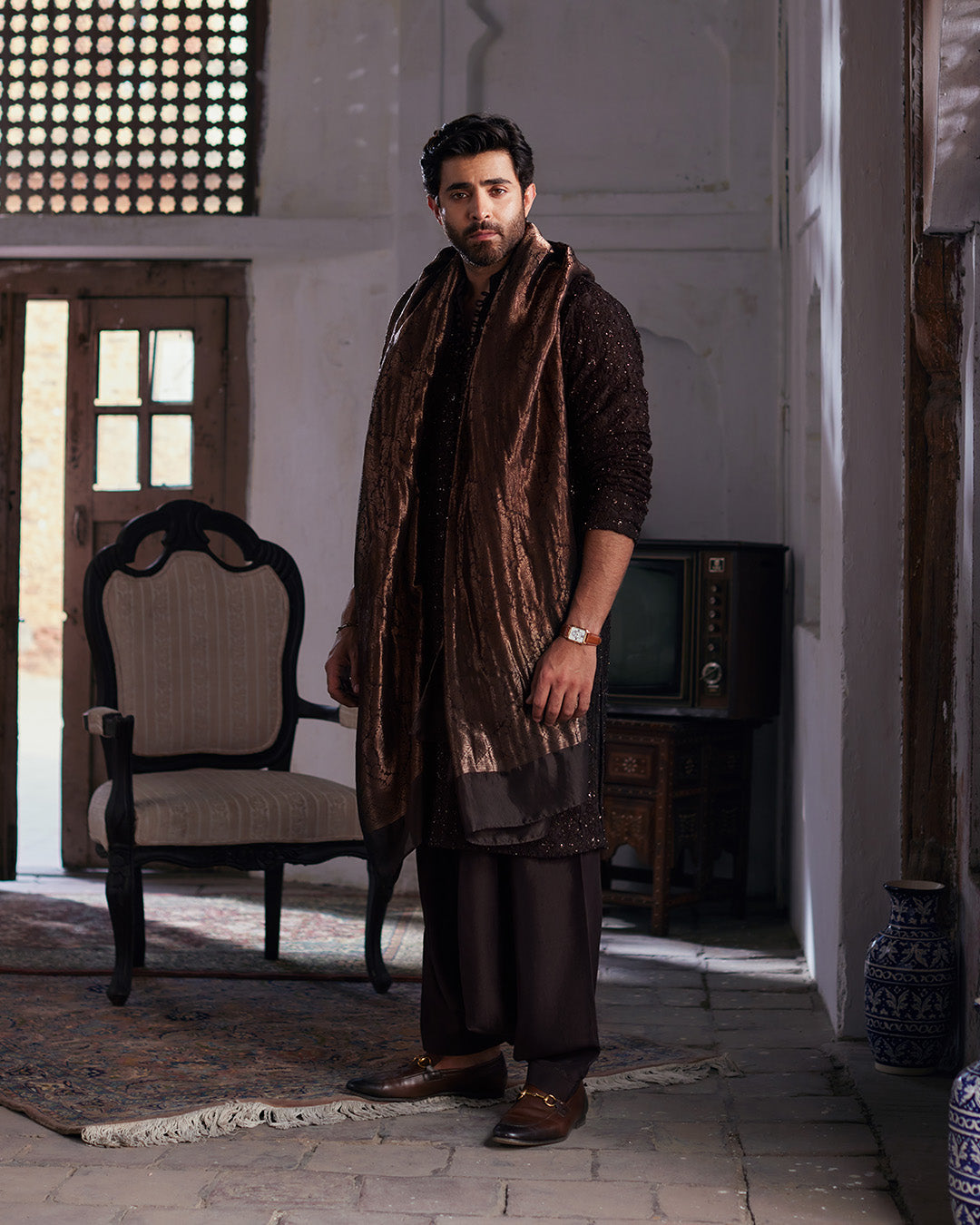 Chocolate Brown Embroidered Raw Silk Kurta Shalwar (3-Piece) - Image 7