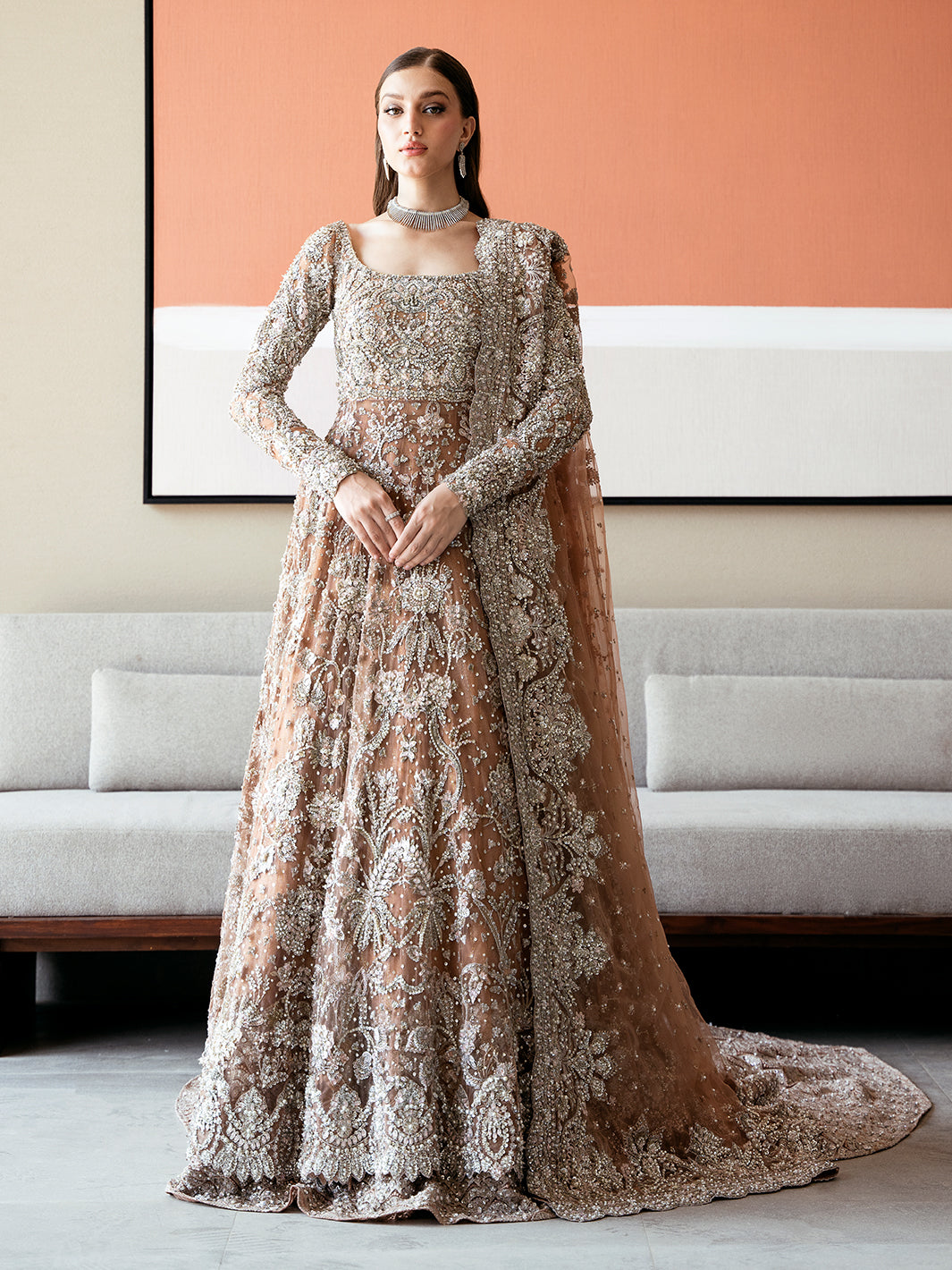 Pakistani Ash Brown Resham Tilla Net Pishwas (3-Piece) - Image 1