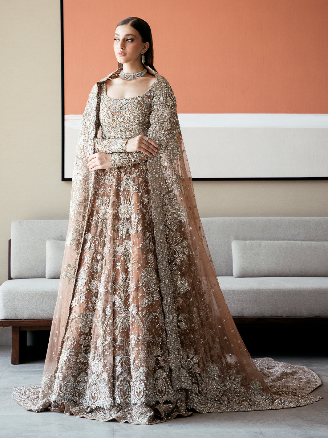 Pakistani Ash Brown Resham Tilla Net Pishwas (3-Piece) - Image 10