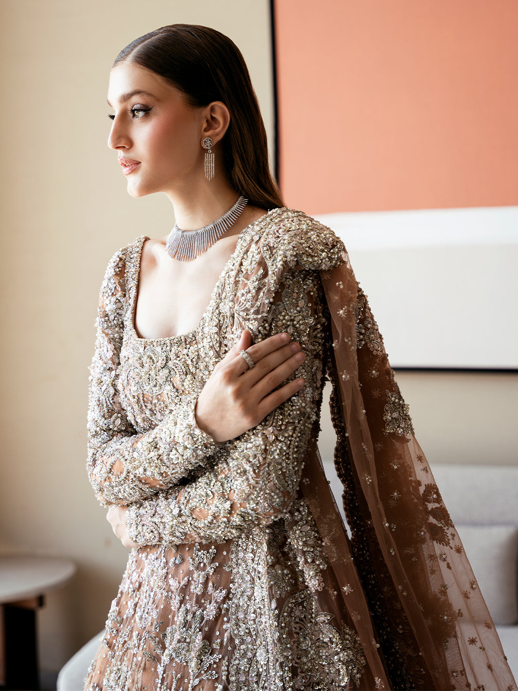 Pakistani Ash Brown Resham Tilla Net Pishwas (3-Piece) - Image 11