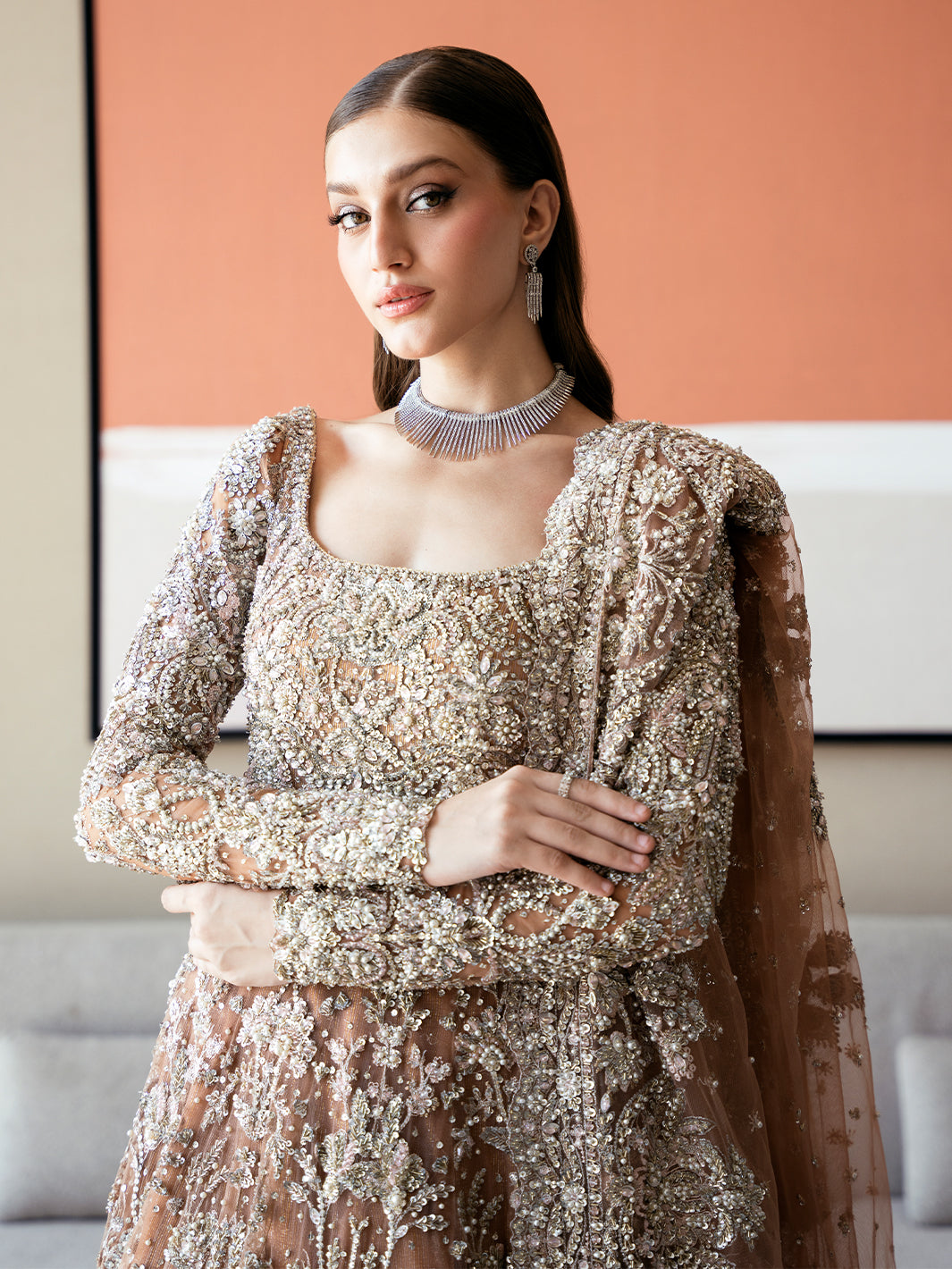 Pakistani Ash Brown Resham Tilla Net Pishwas (3-Piece) - Image 2