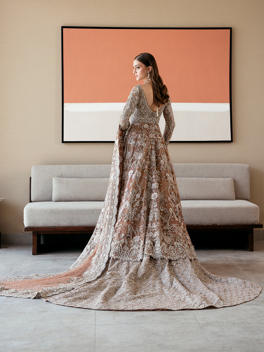 Pakistani Ash Brown Resham Tilla Net Pishwas (3-Piece) - Image 3