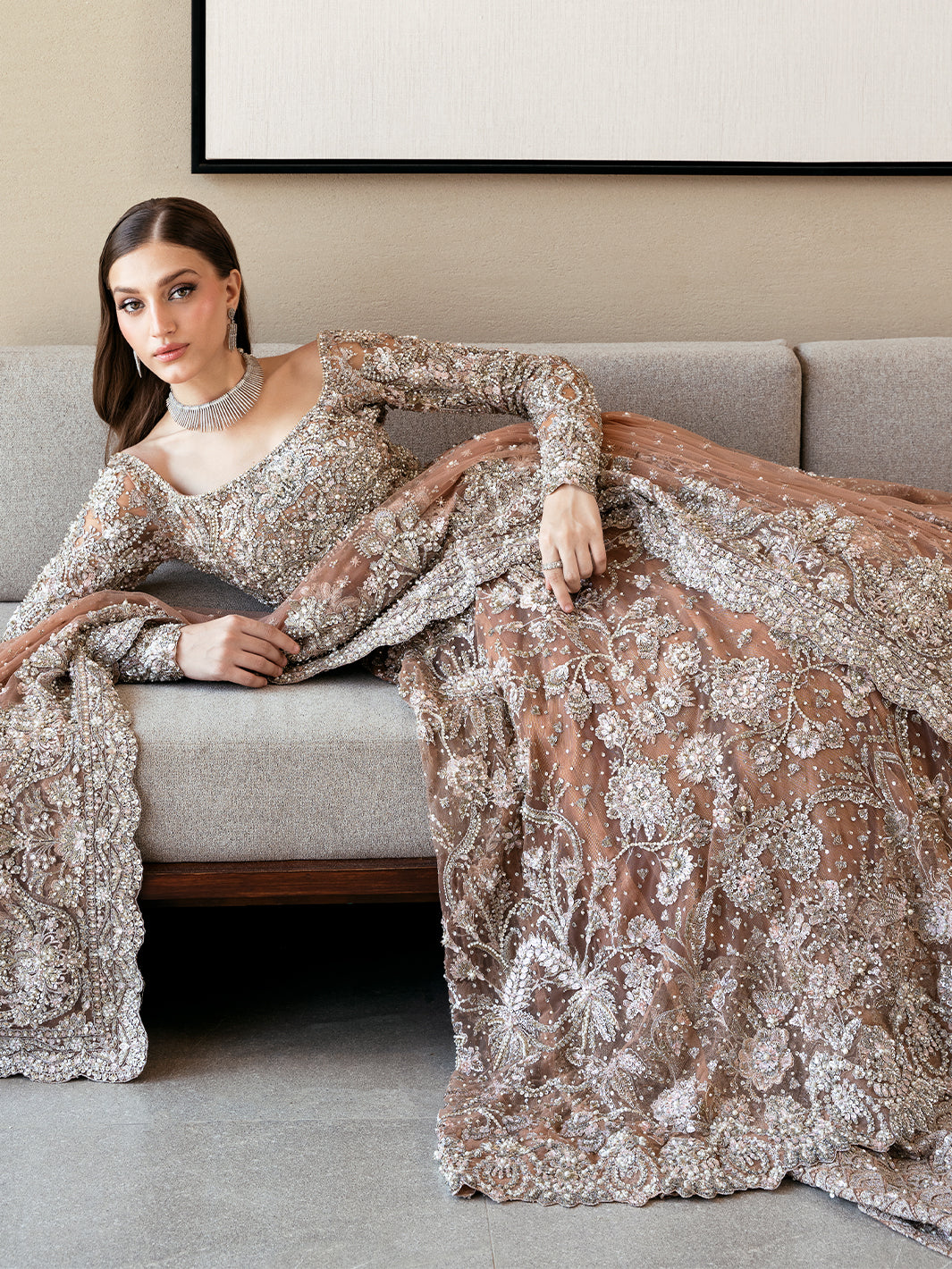 Pakistani Ash Brown Resham Tilla Net Pishwas (3-Piece) - Image 4